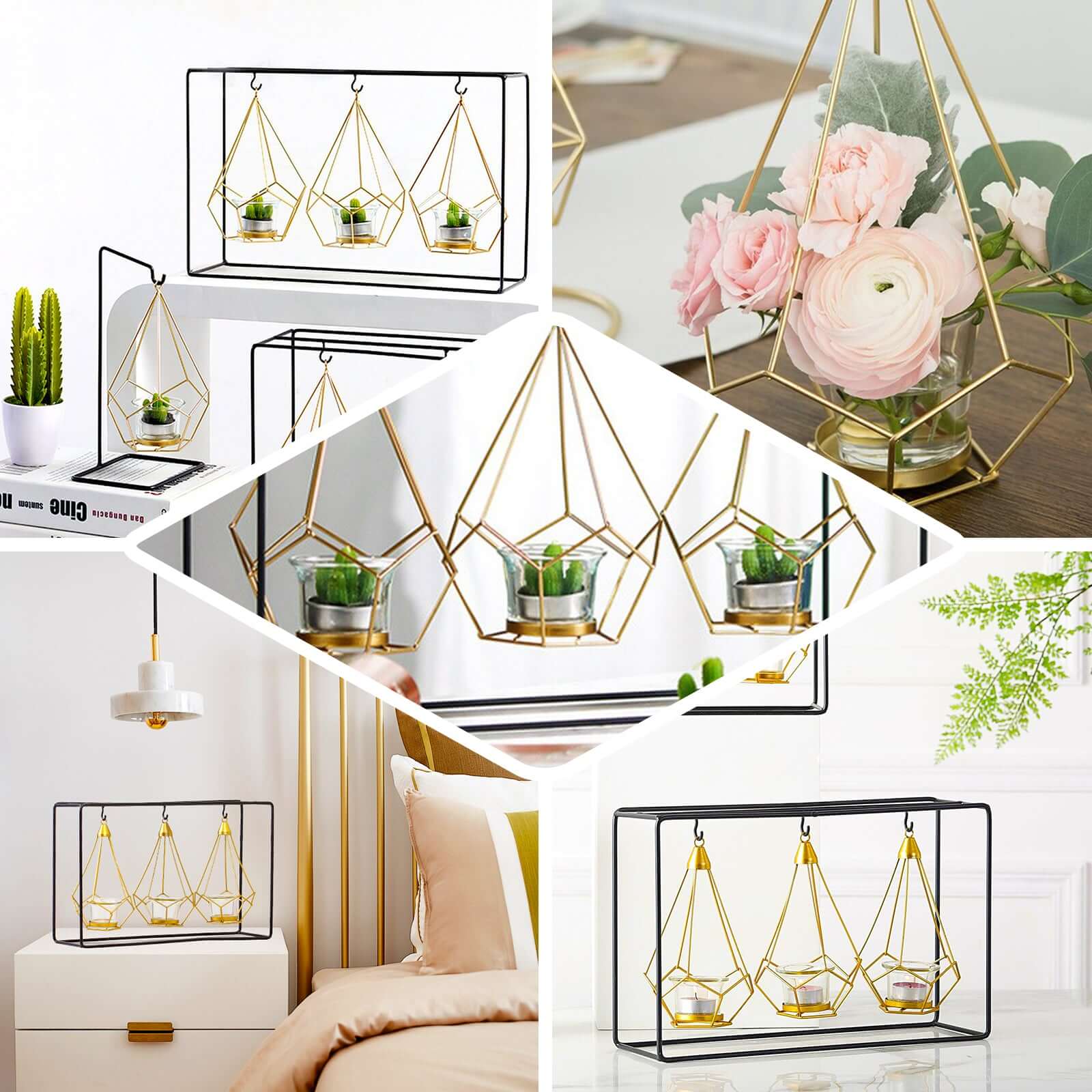 3-Pack Hanging Candle Holders Gold Geometric Design 8" with Black Iron Stand - Trendy Tealight Centerpieces for Tables 10" Tall