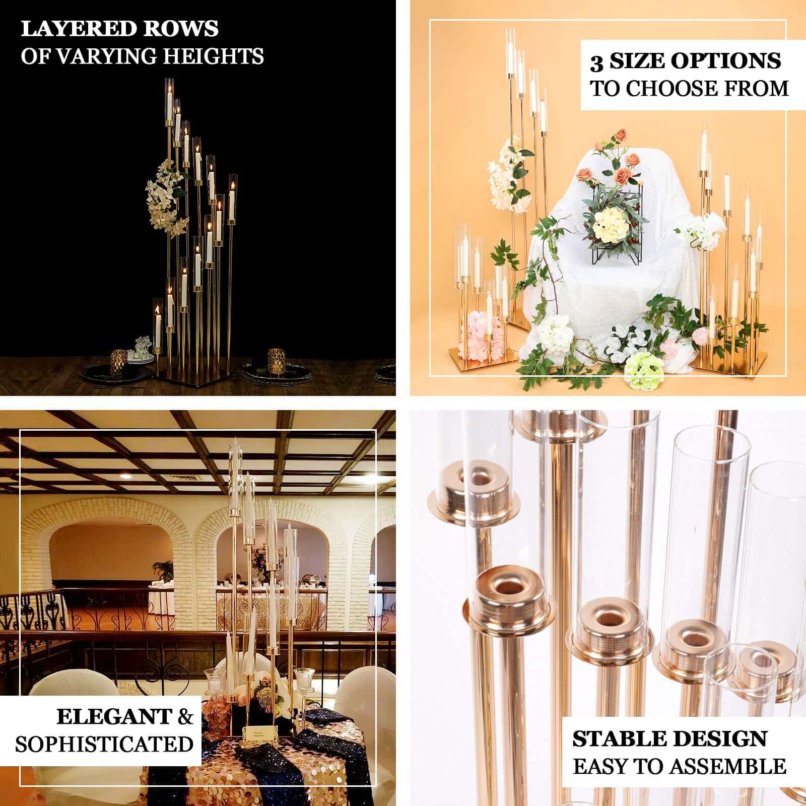 12-Arm Cluster Taper Candle Holder Gold with Clear Glass Shades - Grand Candle Arrangement for Events 57"