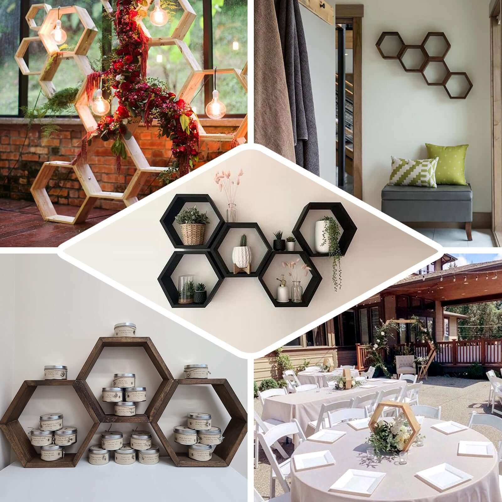 2 Pack 9" Tall Hexagon Rustic Wood Centerpiece Natural Geometric Terrarium Honeycomb Storage Shelf