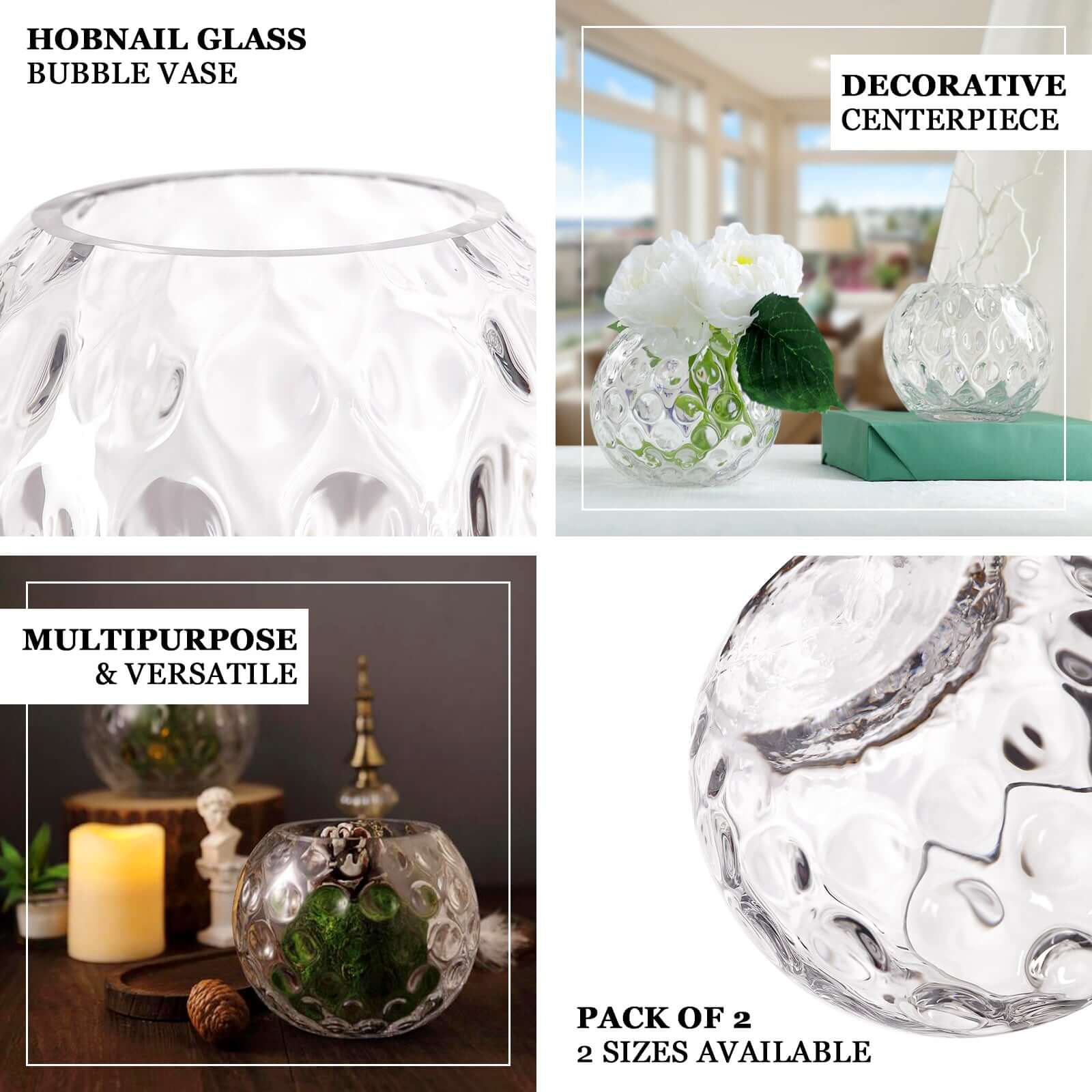 2-Pack Glass Bubble Vases Sphere Hobnail Design Clear Round - Decorative Votive Tealight Wedding Centerpieces 8"