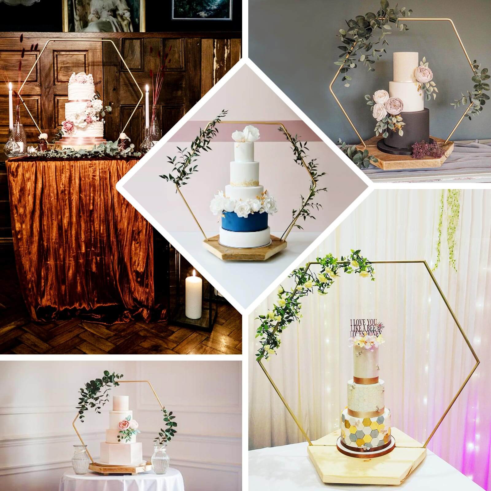Metal Hexagon Floral Hoop Cake Stand Gold - Chic Geometric Dessert Display DIY Centerpiece Table Decoration With Wooden Base 28"