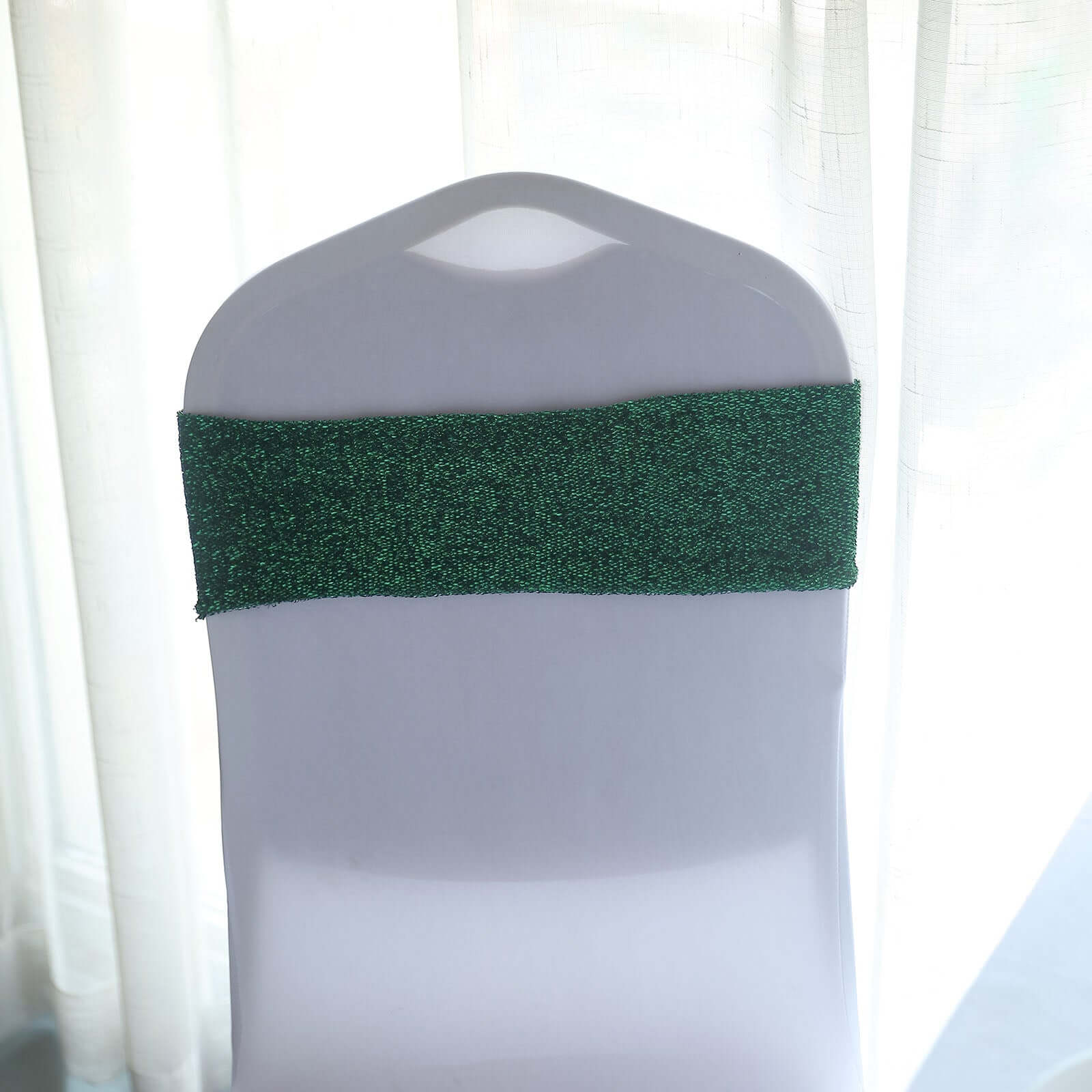 5 Pack Metallic Shimmer Tinsel Spandex Chair Sashes Hunter Emerald Green - Durable and Reusable Stretch Chair Bands