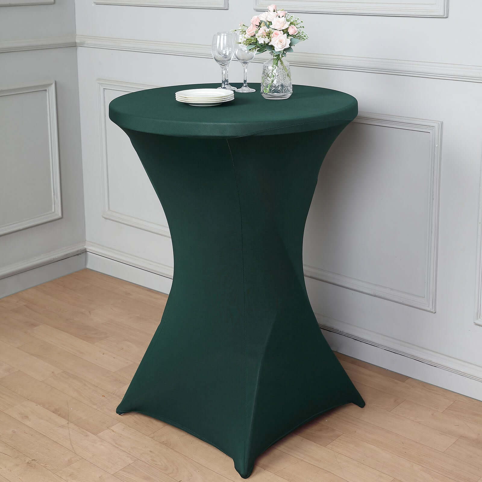 Spandex 24"-32" Round Cocktail Table Cover Hunter Emerald Green - Easy to Maintain Stretch Fitted Highboy Tablecloth