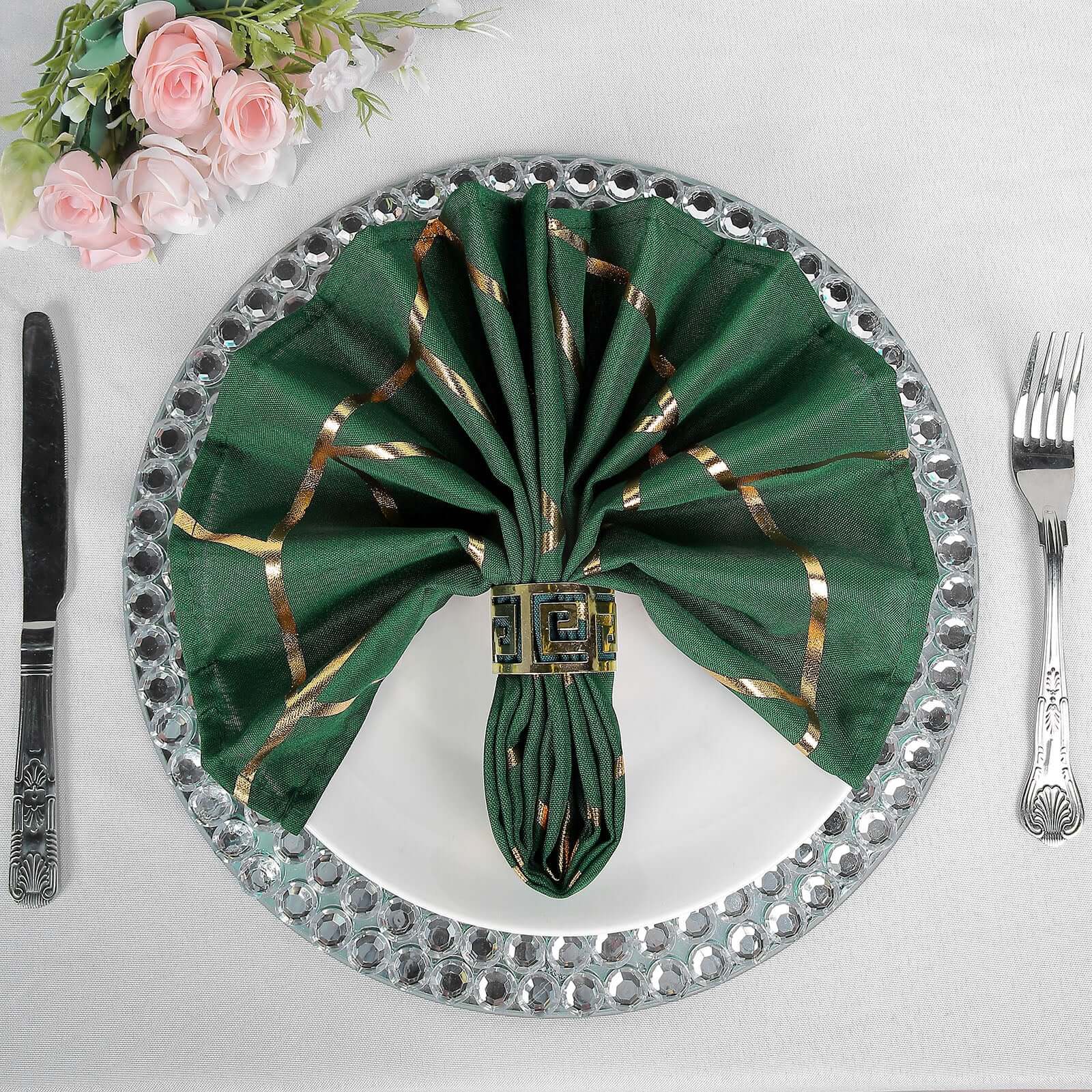 5 Pack Polyester 20"x20" Napkins Hunter Emerald Green with Gold Geometric Foil Pattern - Modern Reusable Dinner Napkins