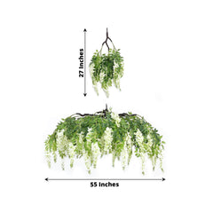 55" Cream Artificial Silk Hanging Wisteria Vine Flower Chandelier, Round Draping Garland Canopy With Interchangeable Branches