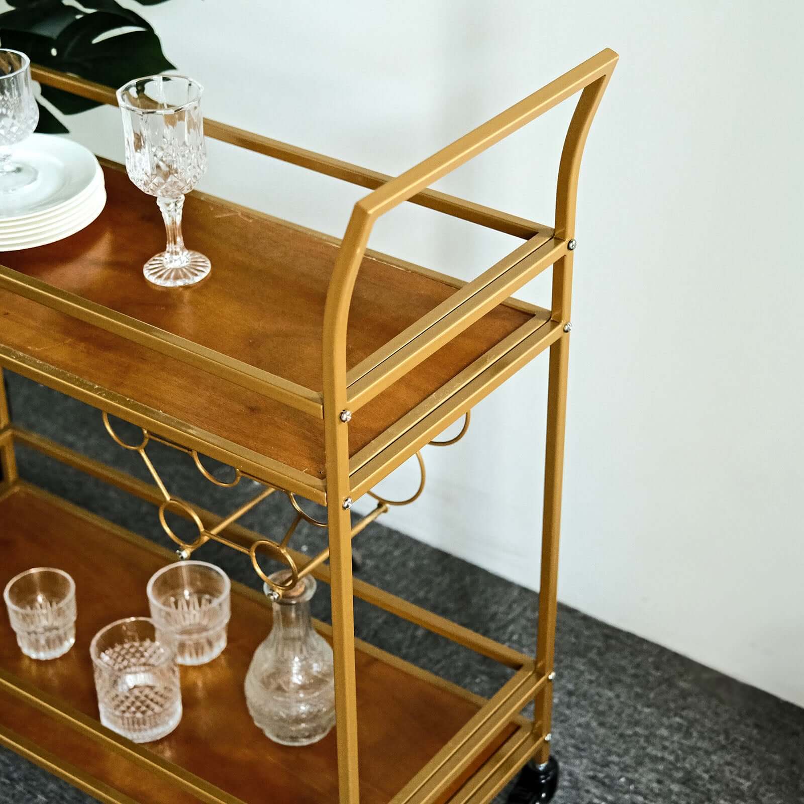 Gold Metal Bar Cart with Wooden Serving Trays 2-Tier - Wine Rack Holds 5 Bottles and 2 Glasses for Events 3ft
