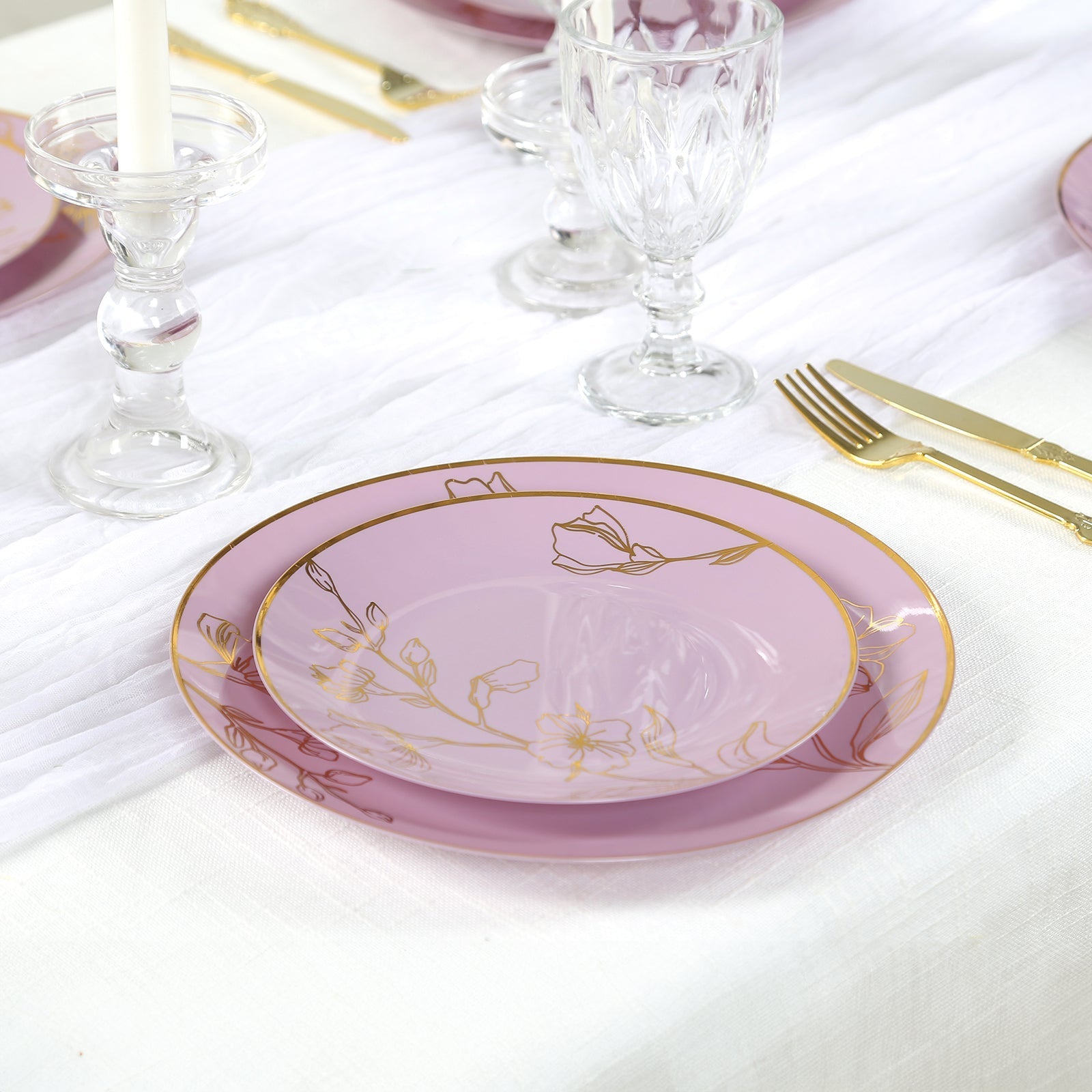 Set of 20 Plastic Round Dinner and Dessert Plates in Lavender Lilac with Metallic Gold Floral Design - Stylish Disposable Dinnerware 8", 10"