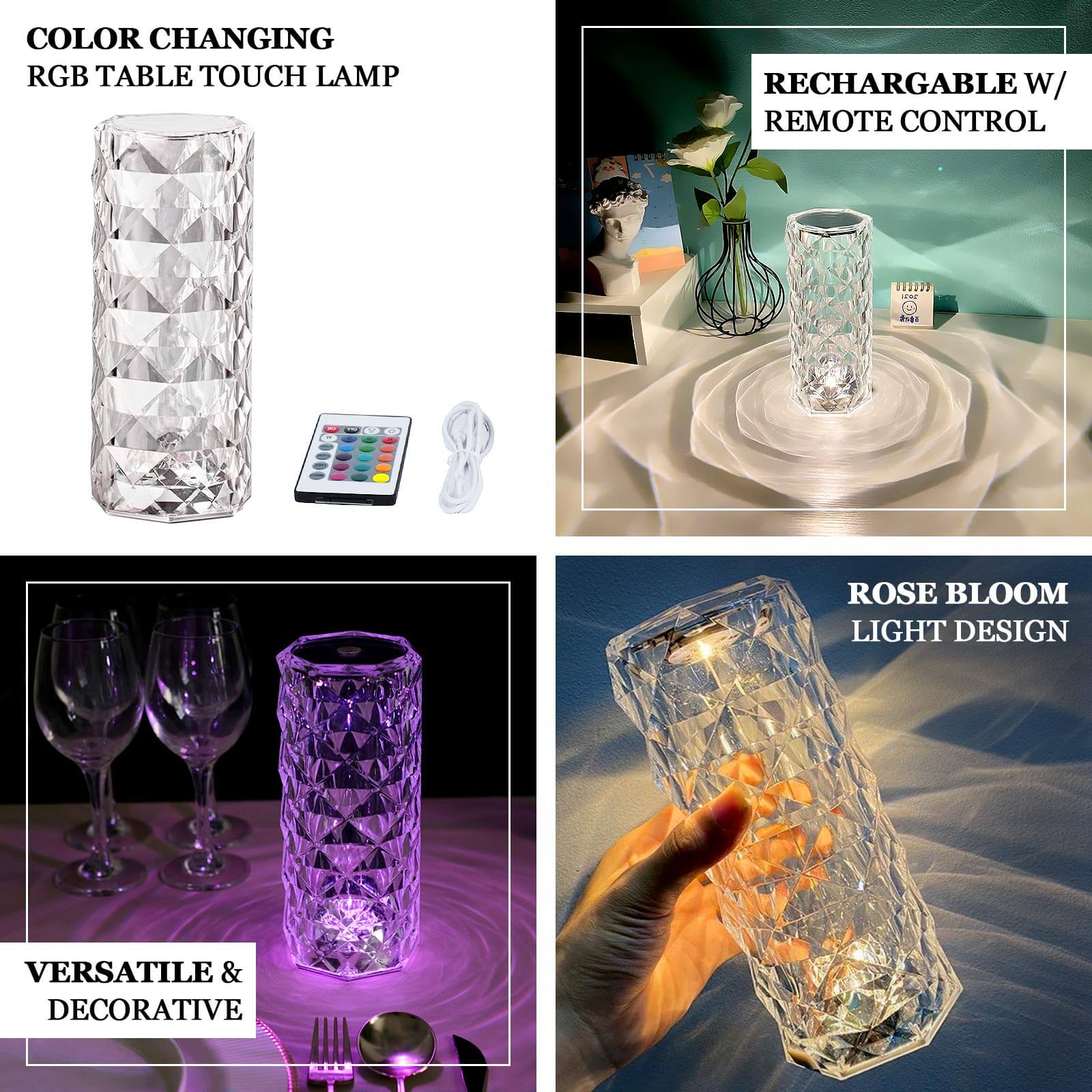 Acrylic LED Pillar Lamp Rose Diamond Design Color Changing - Touch + Remote Operated Table Light 3.5"x8.5"
