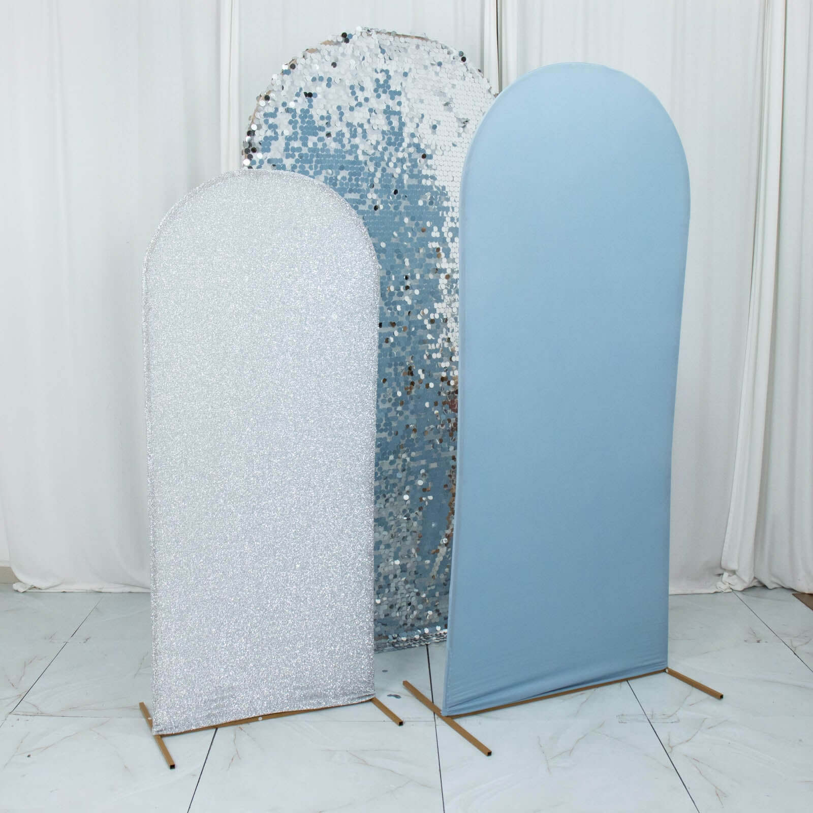 Set of 3 Dusty Blue Silver Round Top Fit Wedding Arch Frame Covers, Big Payette Sequin, Shimmer Tinsel and Matte Spandex Backdrop Stand Covers