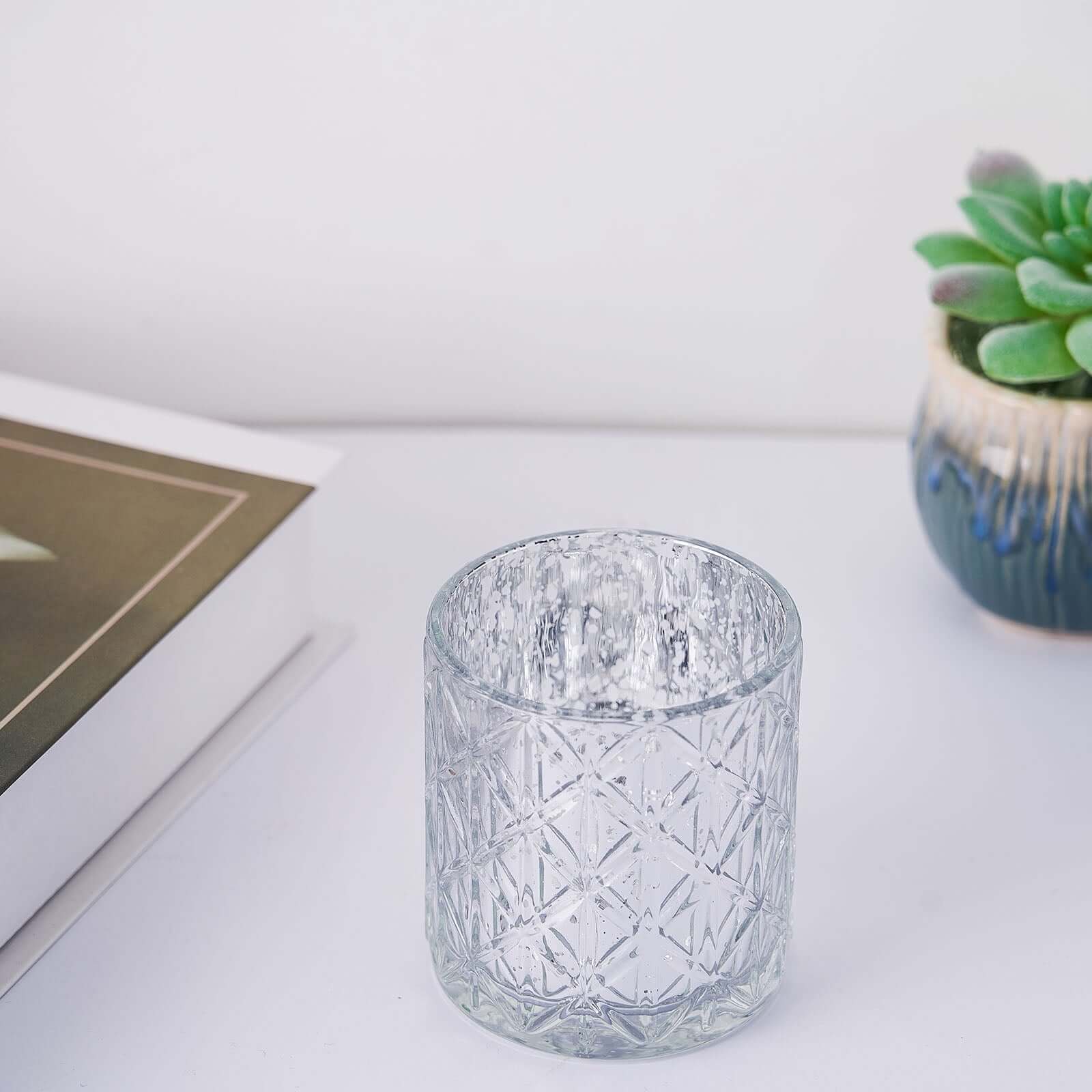 6-Pack Mercury Glass Candle Holders Shiny Silver with Geometric Design - Votive Tealight Holders 3"