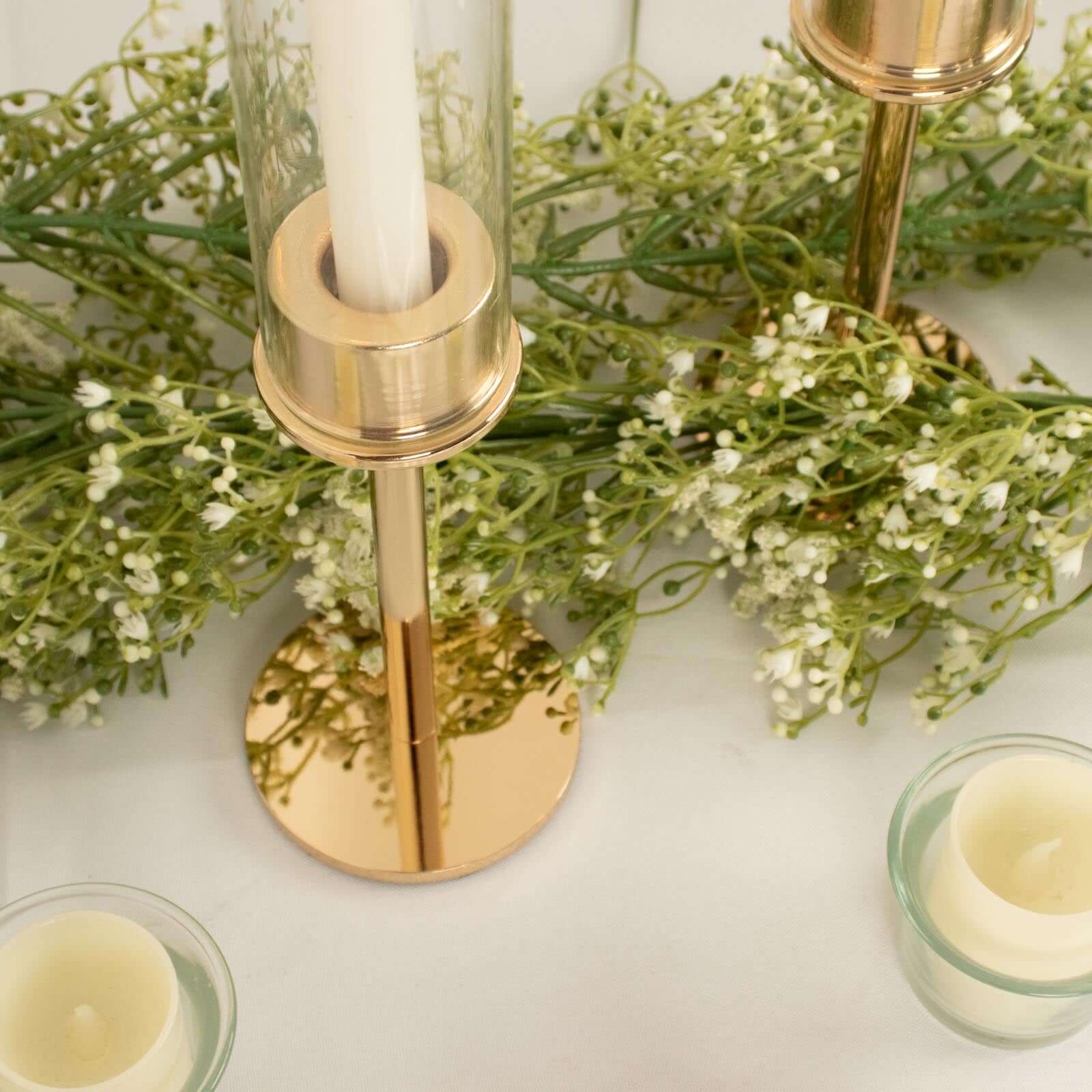 2-Pack Gold Metal Taper Candlestick Holders, Clear Glass Hurricane Candle Stands With Chimney Candle Shades 16"