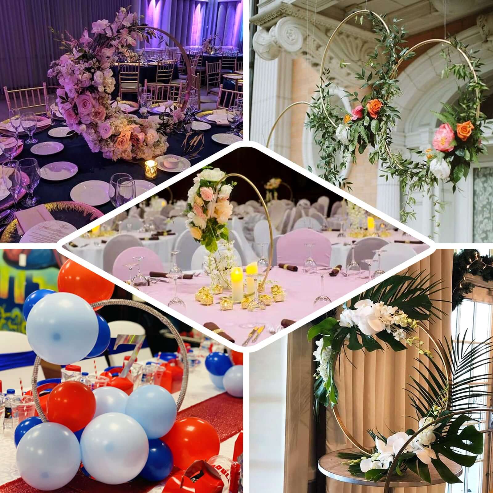 28" Silver Metal Round Hoop Wedding Centerpiece, Self Standing Table Floral Wreath Frame