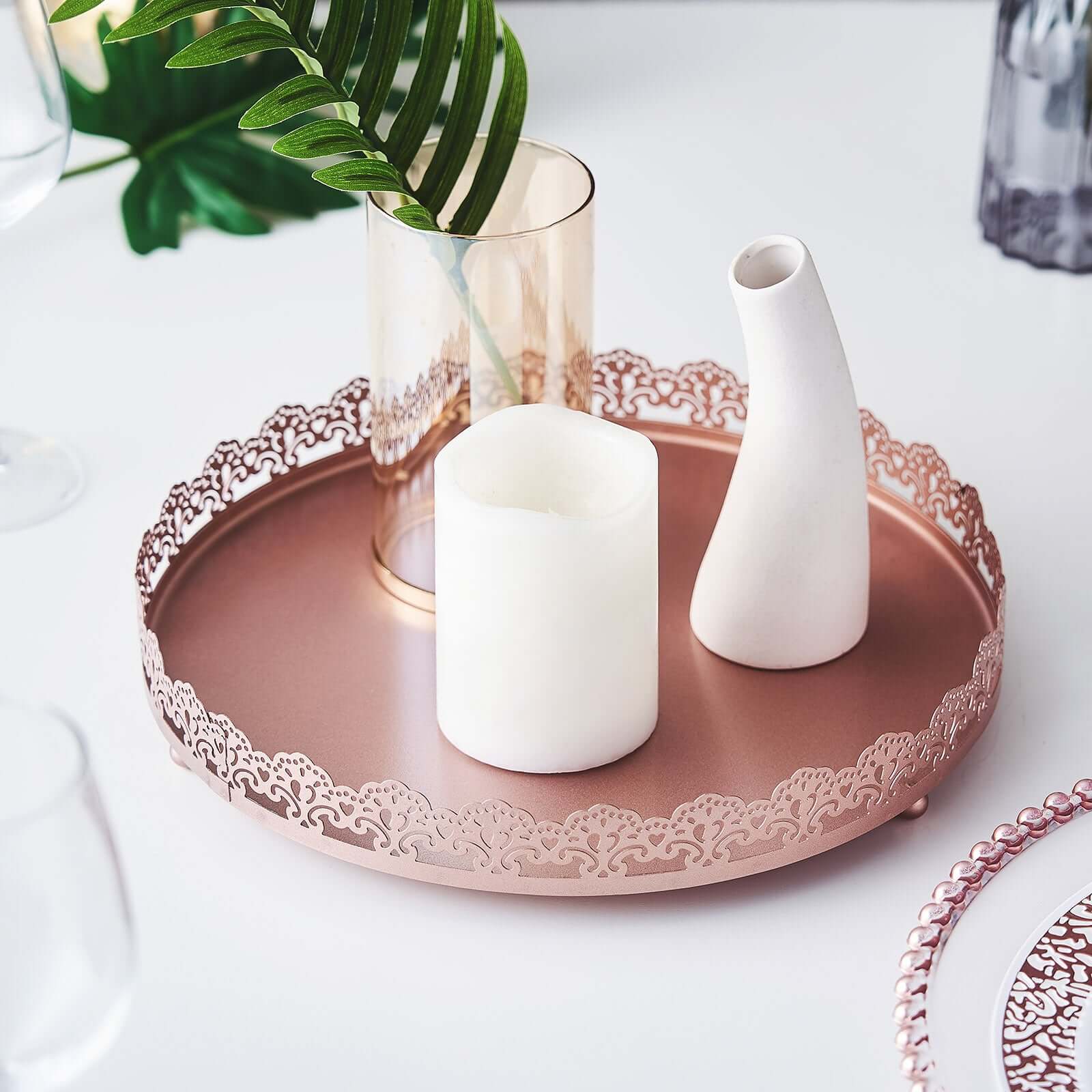 Metal Round Serving Tray 12" in Rose Gold with Embellished Rims, Stylish Decorative Vanity Tray Centerpiece