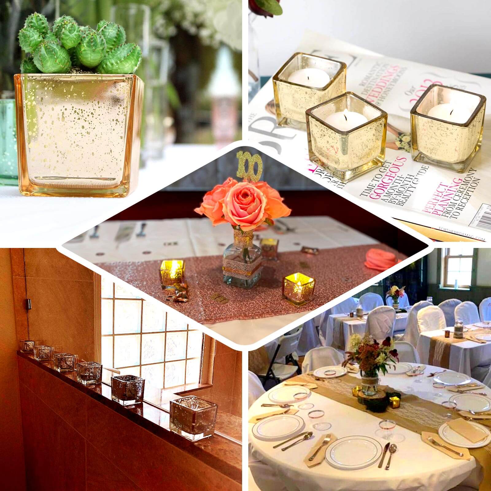 12-Pack Mercury Glass Candle Holders Gold with Speckled Design - Square Votive Tealight Holders 2"