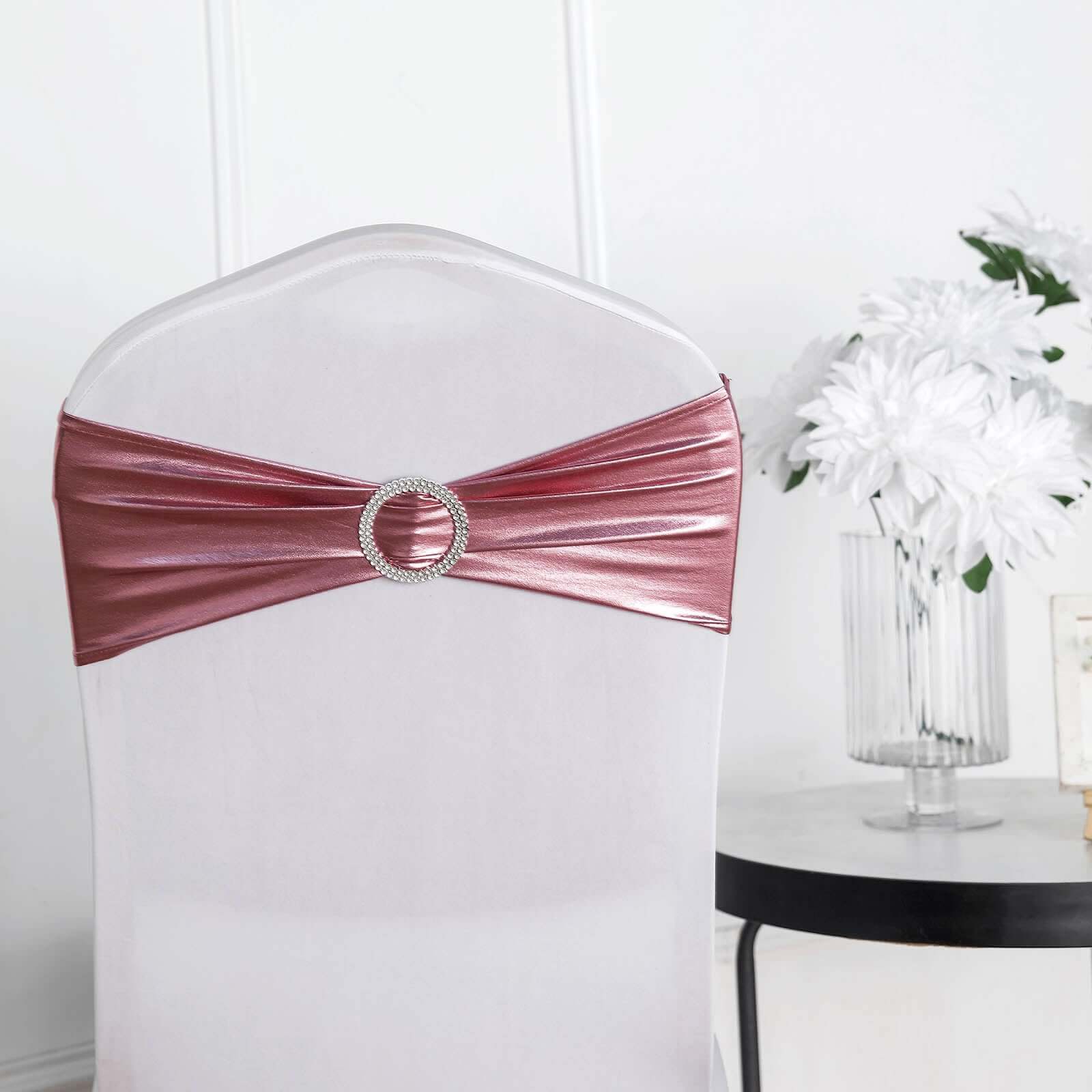 5 Pack Metallic Spandex Chair Sashes Rose Gold - Stretch Fit Chair Bands With Round Diamond Buckles