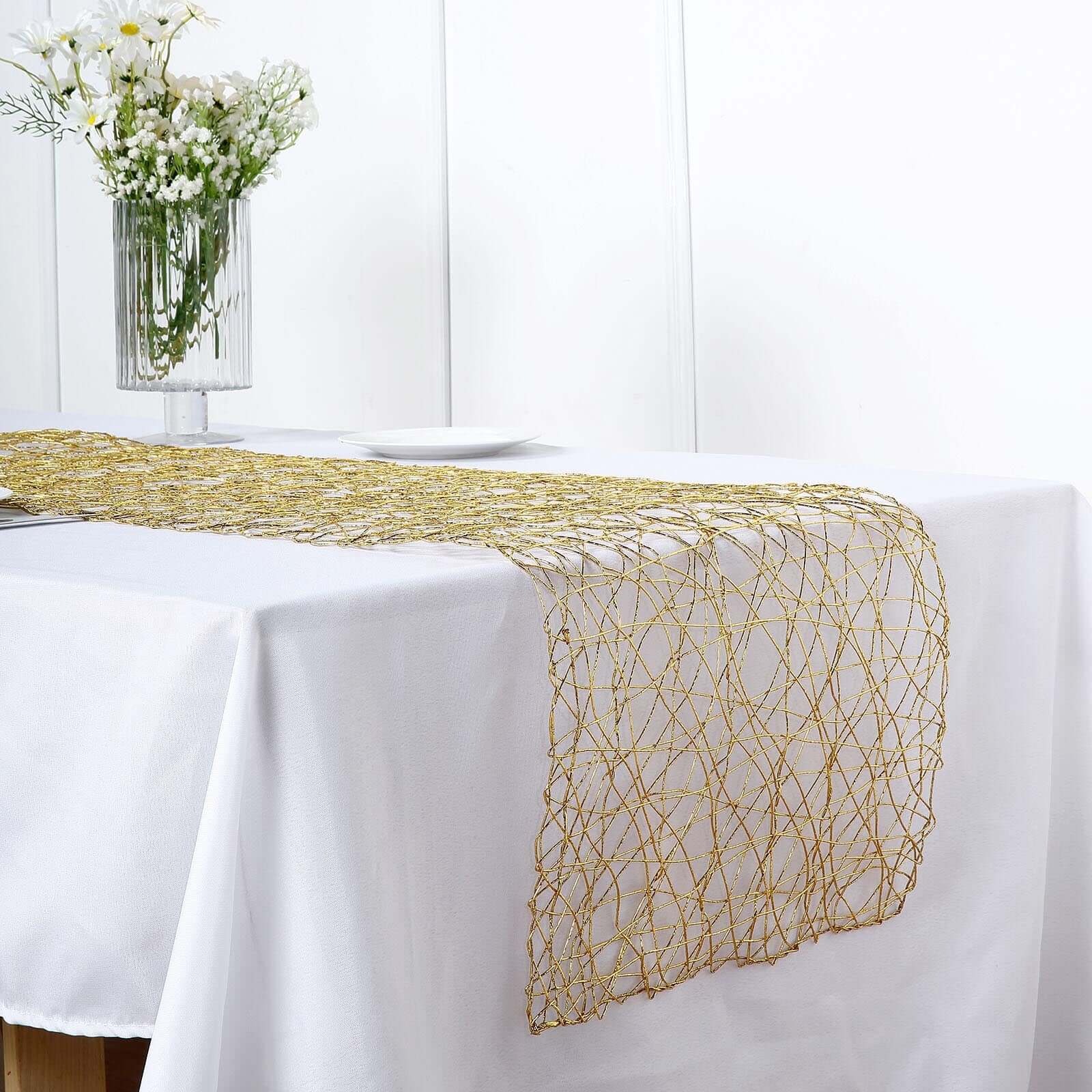 16"x72" Gold Wire Nest Table Runner, Metallic String Woven Runner