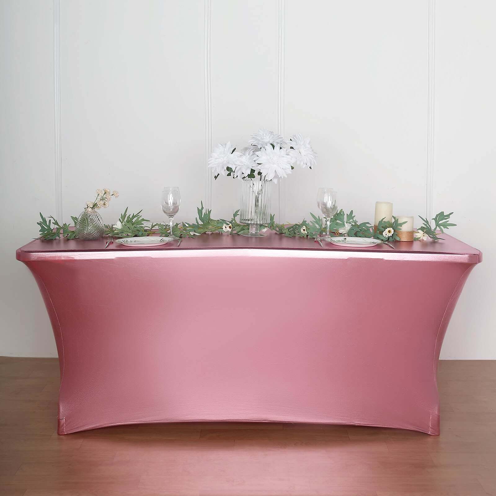Stretch Spandex 72"x30" Rectangle Tablecloth Metallic Rose Gold - Form-Fitting Table Cover