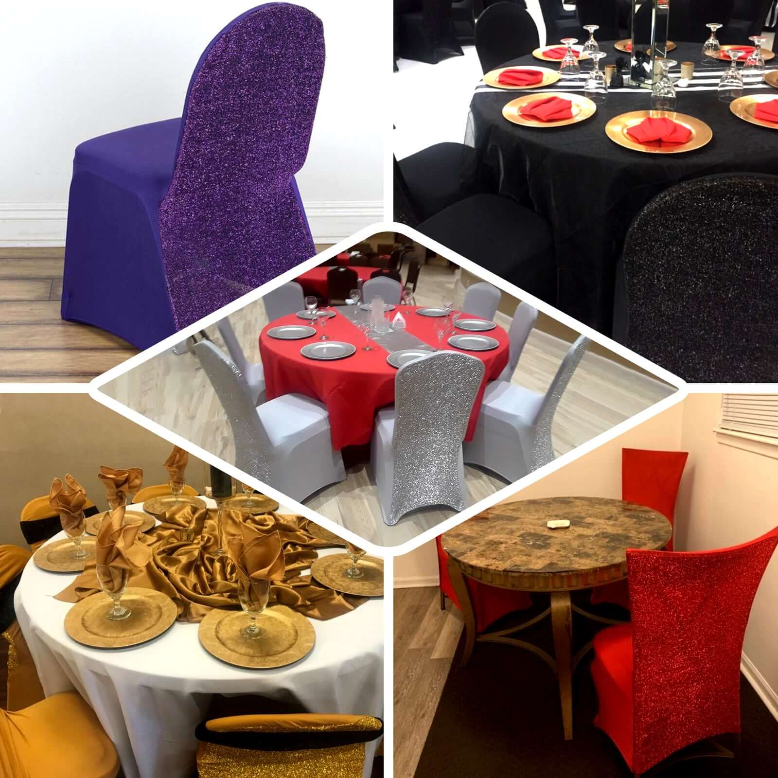 Spandex Chair Cover with Metallic Shimmer Tinsel Back for Banquet Chairs Silver - Fitted Slipcover