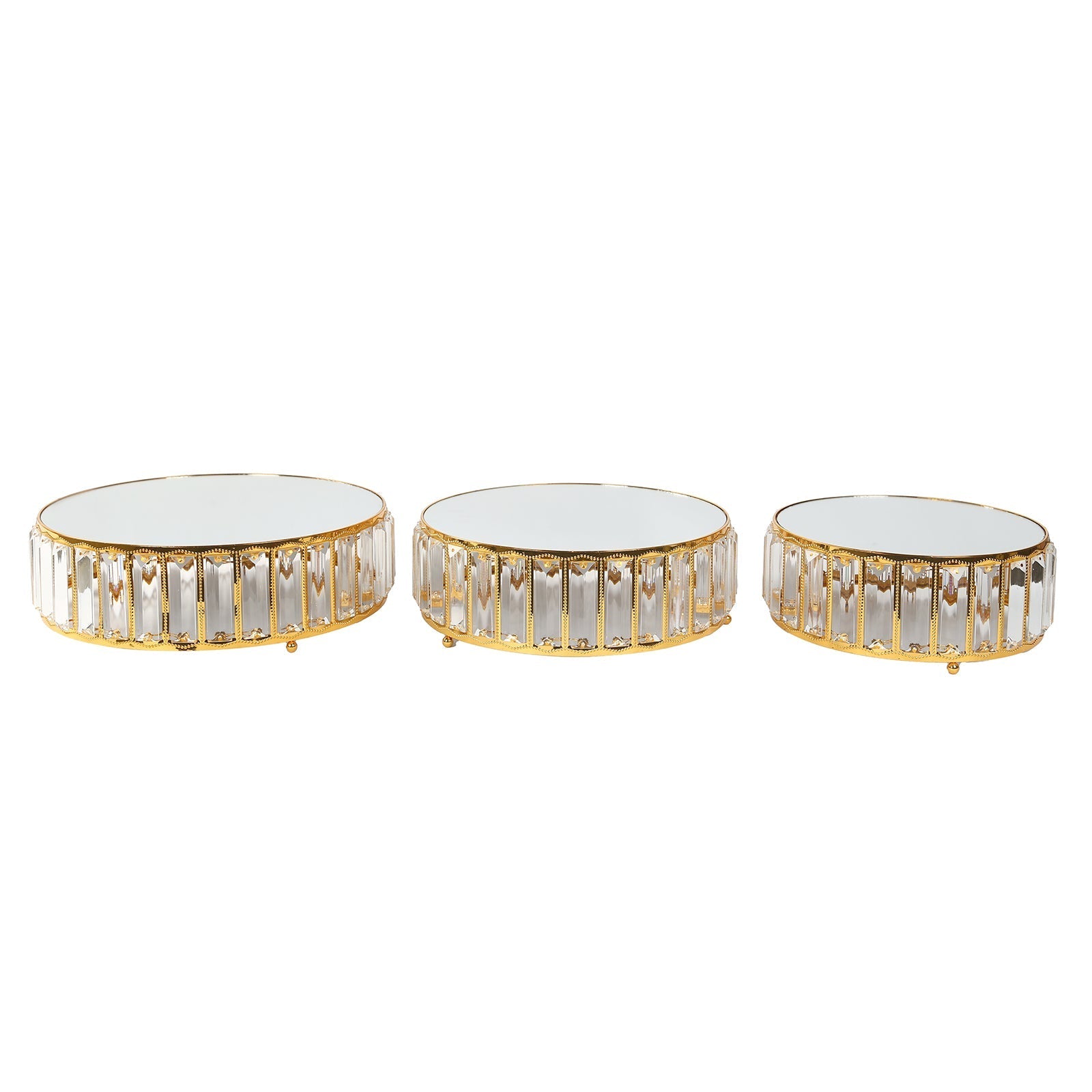 Set of 3 Gold Metal Crystal Pendant Cake Stands with Mirror Top, Stackable Round Dessert Display Trays - 9",11",12"
