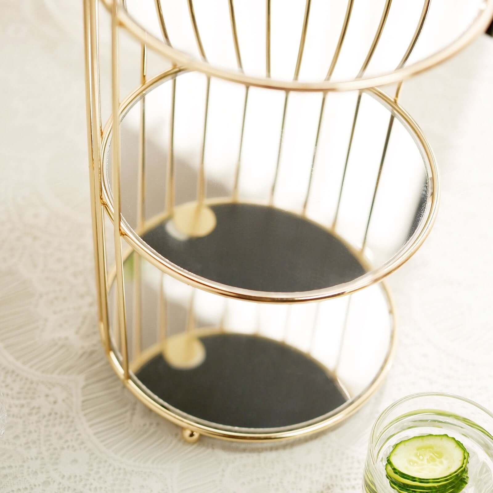 3-Tier Cupcake Cake Stand Bird Cage Design with Crystal Top Mirror Base - Serving Tray with Hanging Option 22"