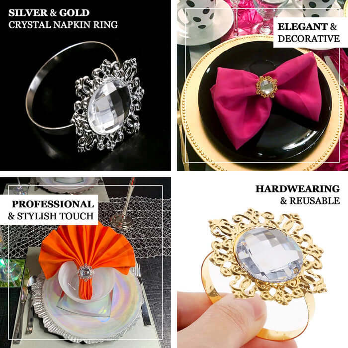 6 Pack 2" Gold Metal Crystal Rhinestone Napkin Rings, Diamond Bling Napkin Holders
