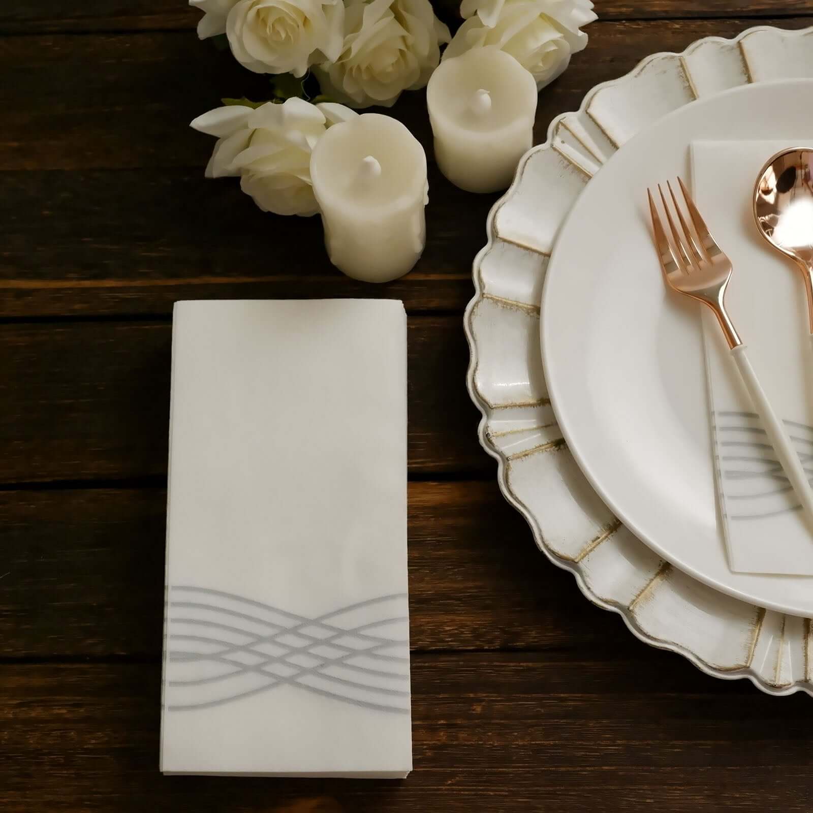 25 Pack Linen-Like Paper 8"x4" Napkins White with Metallic Silver Foil Wave Design - Soft & Absotbent Airlaid Hand Towels