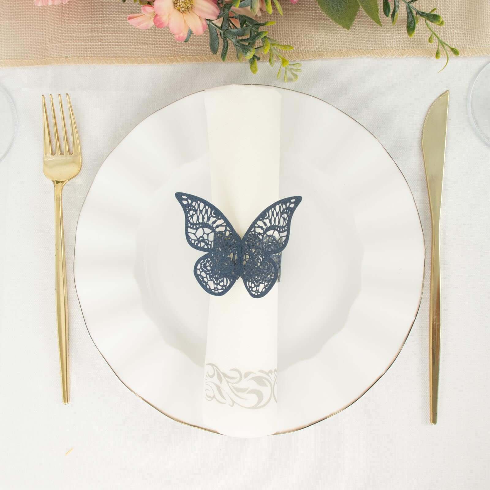 12-Pack Paper Napkin Rings Laser Cut Butterfly Navy Blue Shimmery - Decorative Serviette Holders
