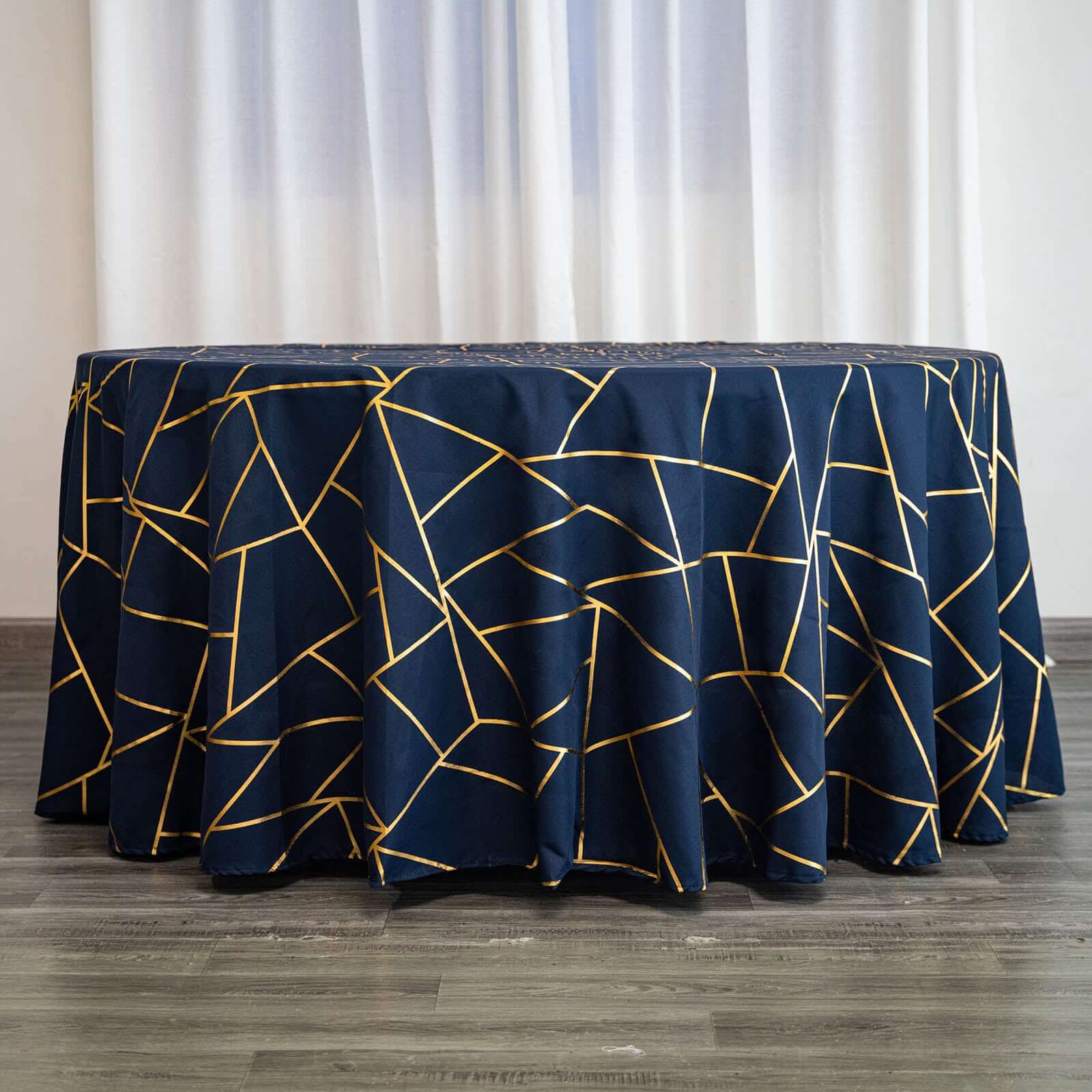 Polyester 120" Round Tablecloth Navy with Gold Foil Geometric Pattern Wrinkle-Resistant Seamless Table Cover