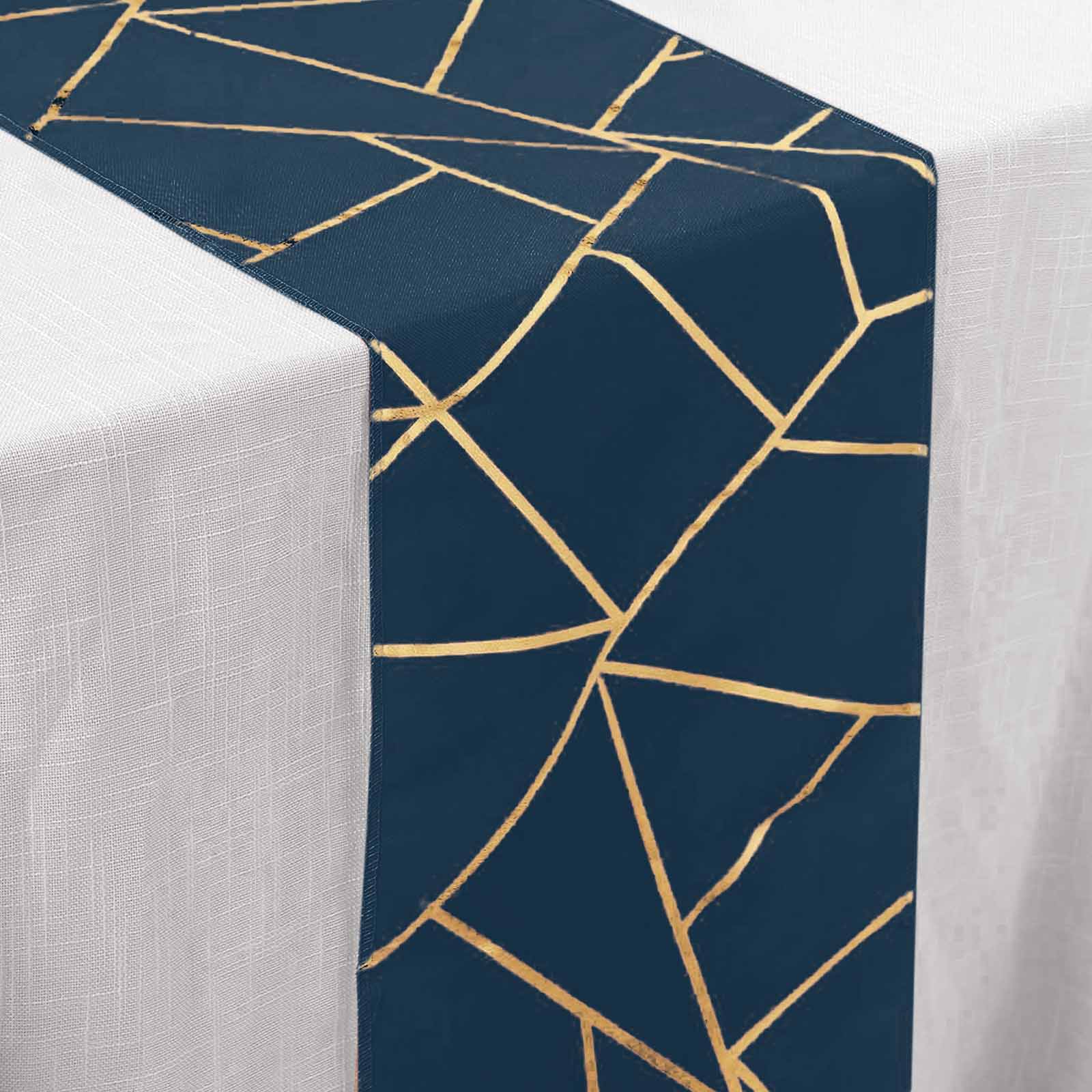 Polyester 9ft Table Runner Navy Blue with Gold Foil Modern Geometric Accent