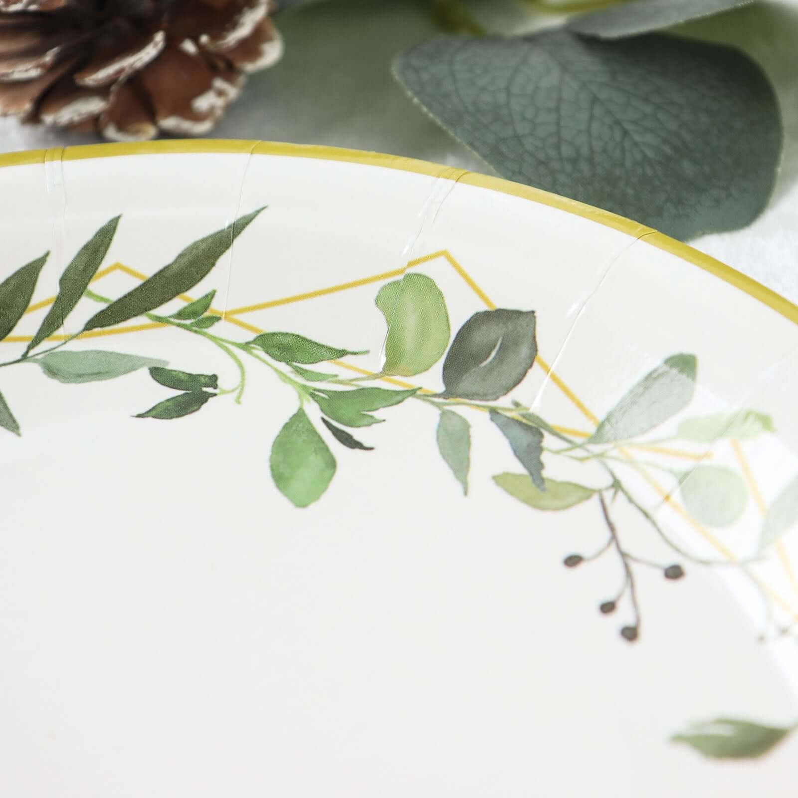 24-Pack Paper 7" Round Dessert Plates in White with Eucalyptus Leaves & Gold Rim - Disposable 300GSM Salad Plates for Garden Weddings & Celebrations