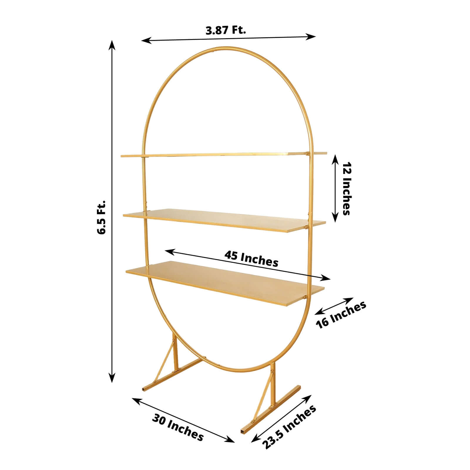 3-Tier Metal Oval Cupcake Dessert Stand Gold - Large Versatile Floor Standing Arch Cake Display Shelf Rack for Luxurious Event and Party Settings 6.5ft