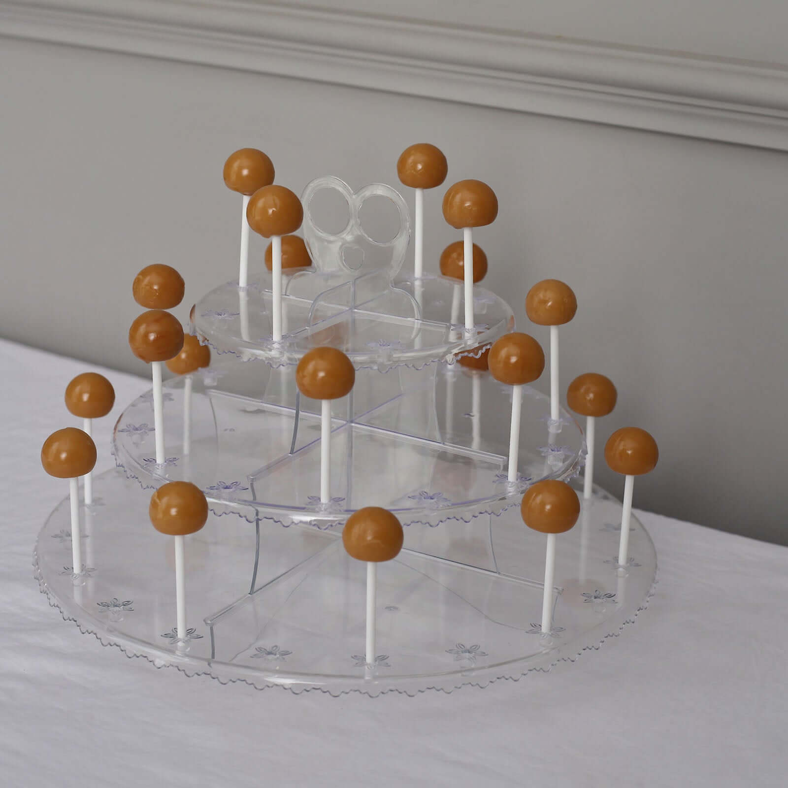 3-Tier Plastic Cucpake & Cake Pop Stand Clear - Decorative Reusable Lollipop Holder Dessert Tower with Floral Edges for Birthday Baby Shower & Tea Parties 12"
