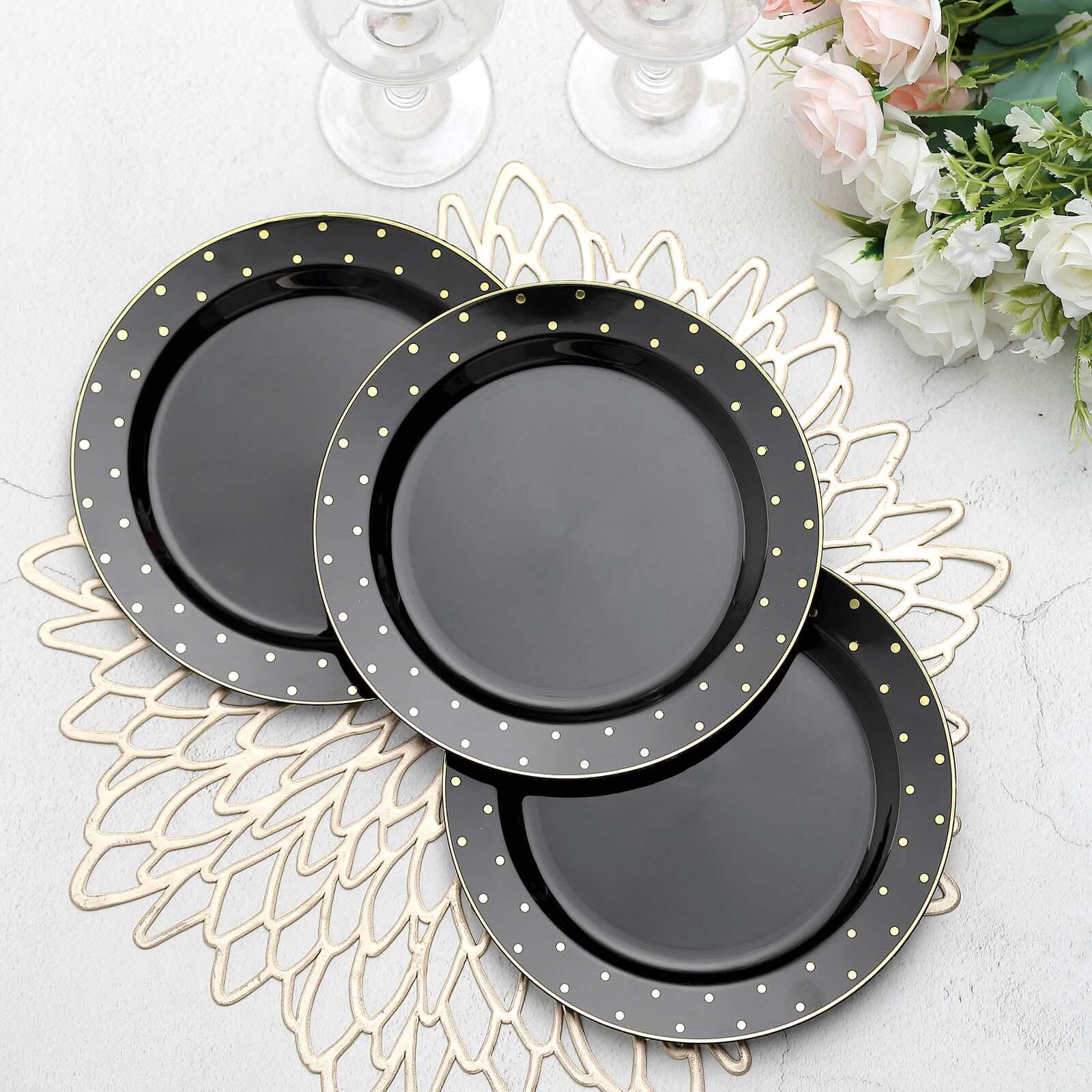 10 Pack 7.5" Black With Gold Dot Rim Plastic Dessert Plates, Round Salad Disposable Tableware Plates
