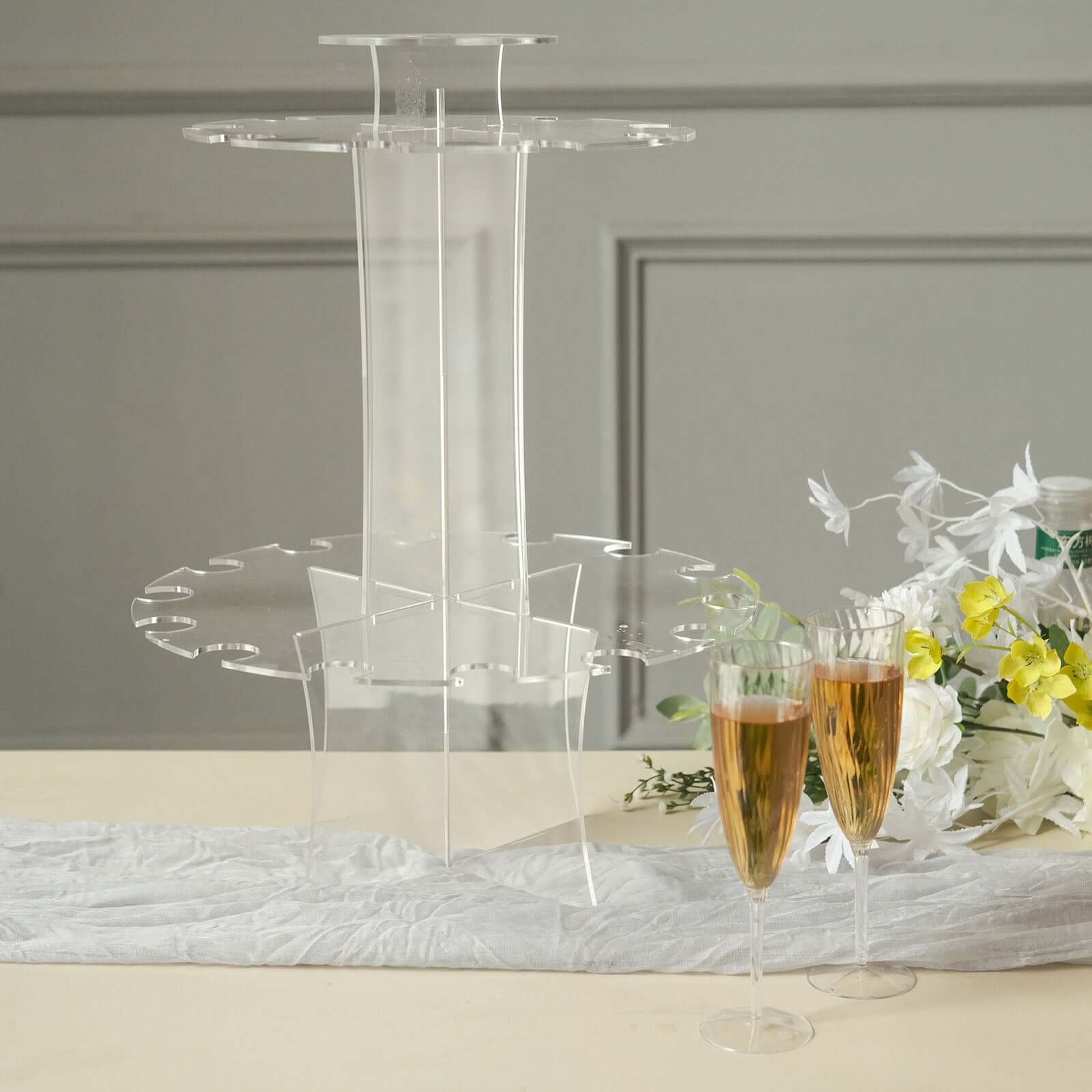 3-Tier Round Champagne Glass Holder Tower Clear Acrylic - Flute Display Rack Cocktail Tree Stand Holds 23 Stemware + 1 Bottle for Professional & Home Use 21"