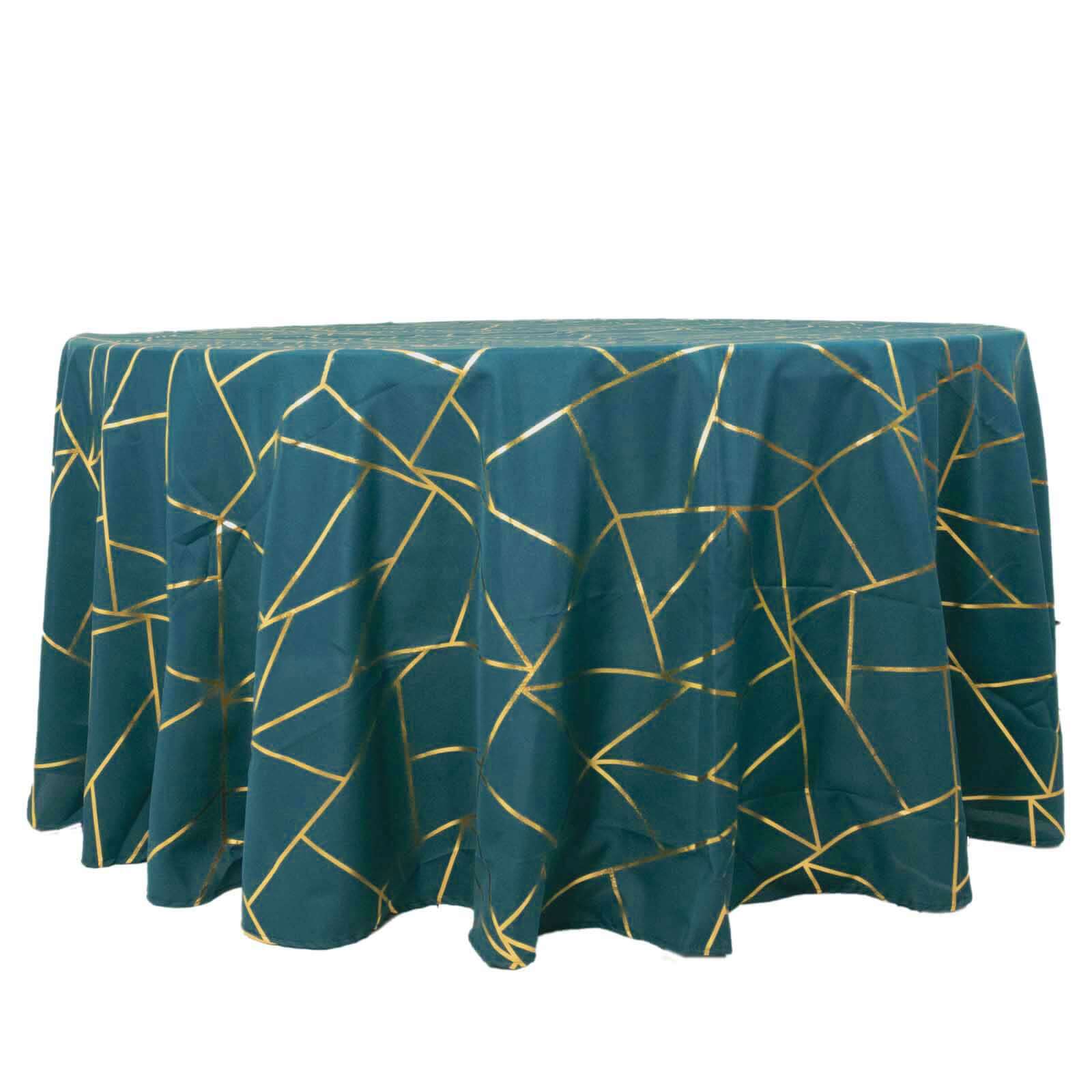 120" Peacock Teal Seamless Round Polyester Tablecloth With Gold Foil Geometric Pattern for 5 Foot Table With Floor-Length Drop