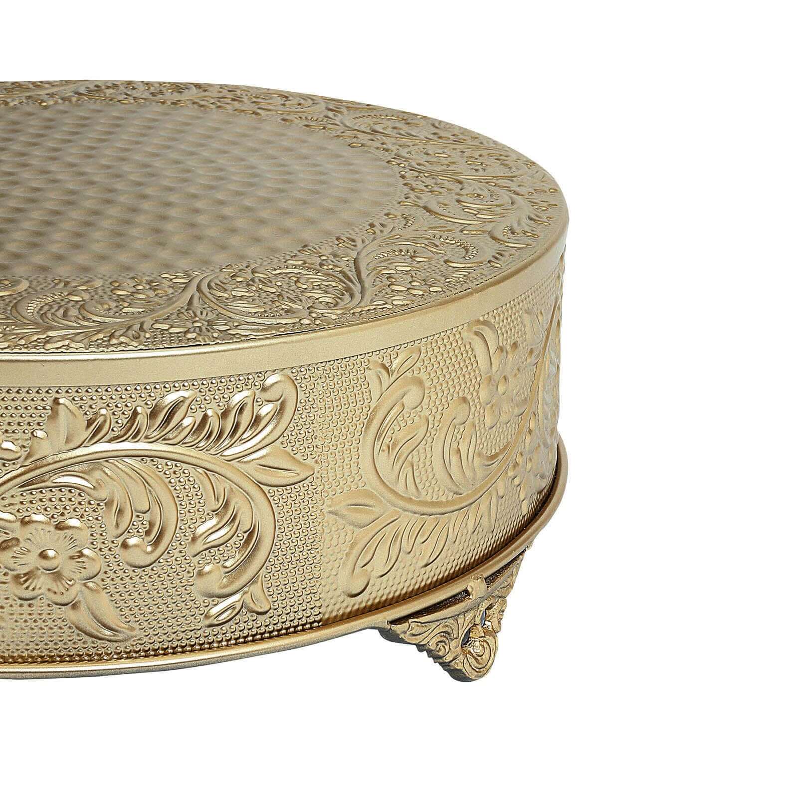 Metal 22" Round Cake Pedestal Stand Matte Gold - Cupcake Dessert Display Riser with Intricate Embossed Design for Upscale Events & Gatherings