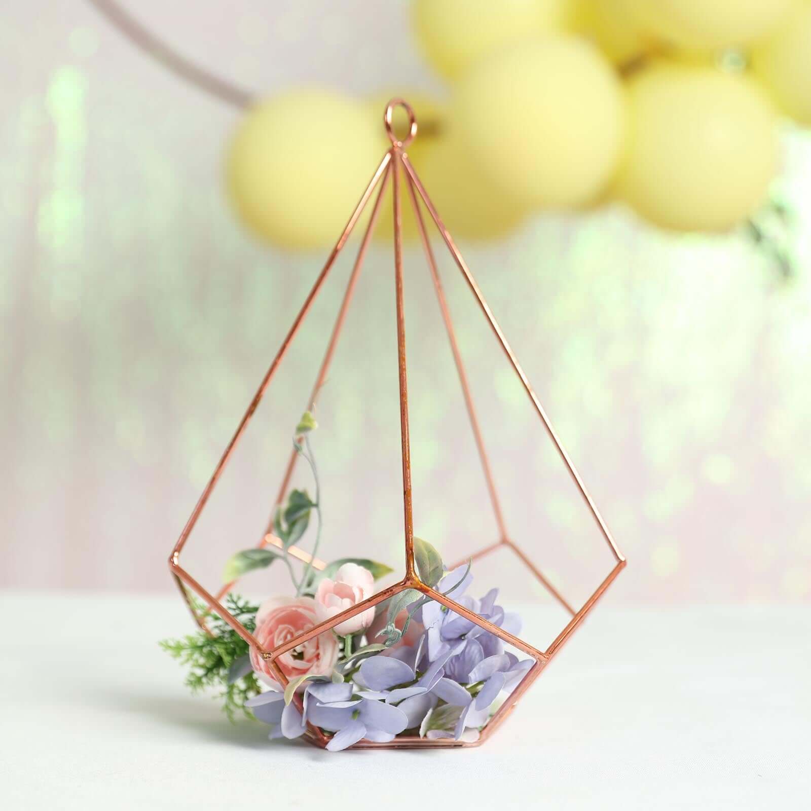 2-Pack Tealight Candle Holders Rose Gold Metal Pentagon Geometric Open Frame - Flower Stand 9"