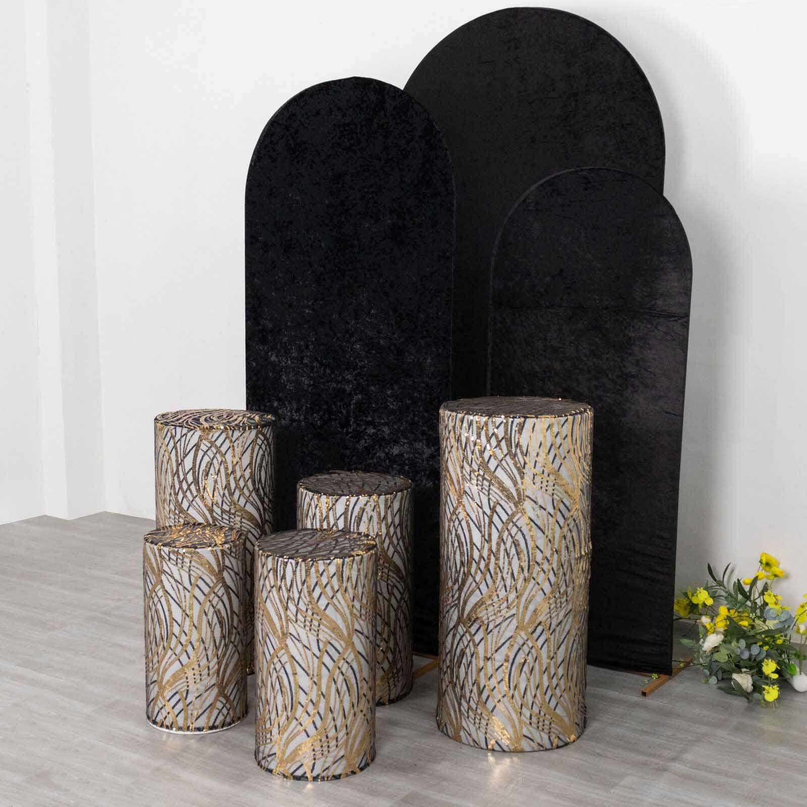 Set of 5 Black Wave Mesh Cylinder Pedestal Stand Covers with Embroidered Sequins, Pillar Prop Covers - 160 GSM