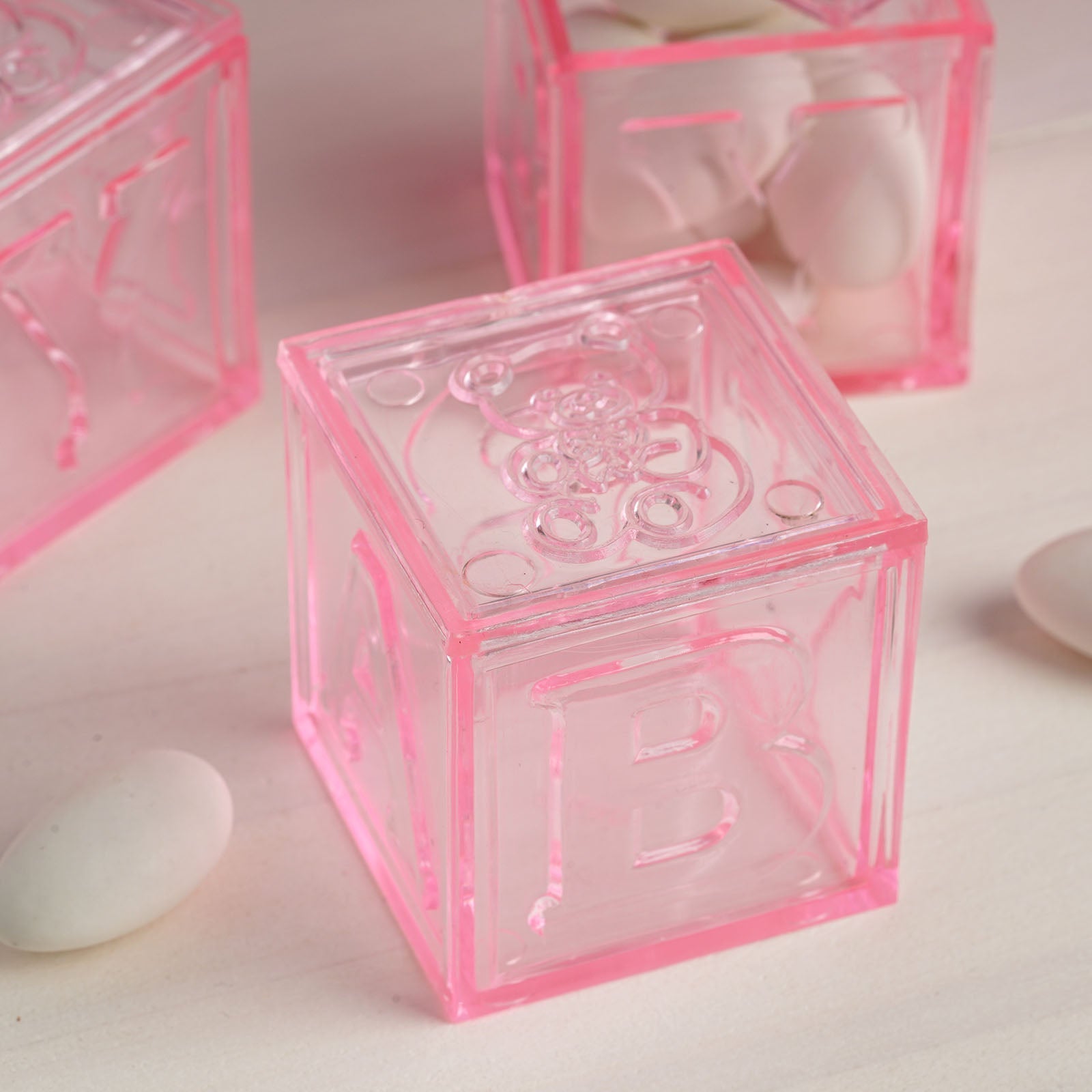 12 Pack 2" Pink Fillable Plastic Baby Shower Candy Gift Boxes, Transparent Baby Blocks Favor Boxes
