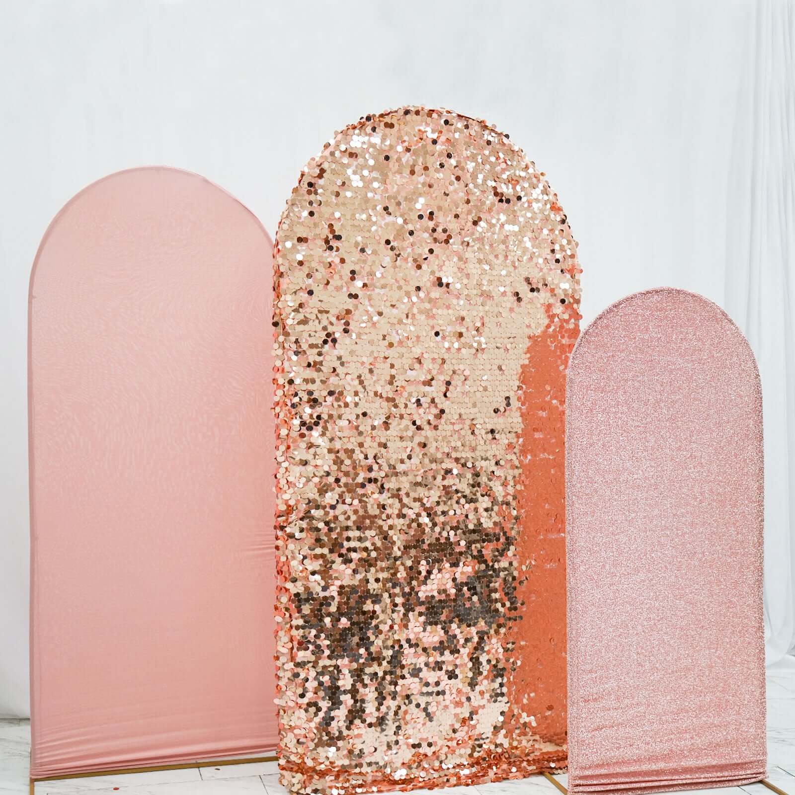 Set of 3 Rose Gold Round Top Fitted Wedding Arch Frame Covers, Big Payette Sequin, Shimmer Tinsel and Matte Spandex Backdrop Stand Covers