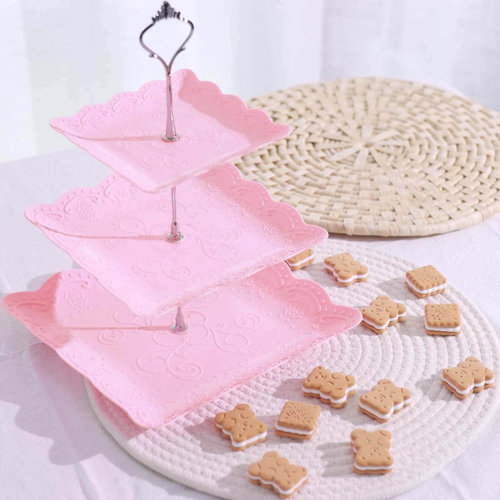3-Tier Plastic Square Cupcake Stand Tower Pink - Charming Easy to Assemble Dessert Display Serving Tray Platter with Floral Embossed Scalloped Rim & Silver Handle for Tea Parties Weddings & Special Occasions 13"