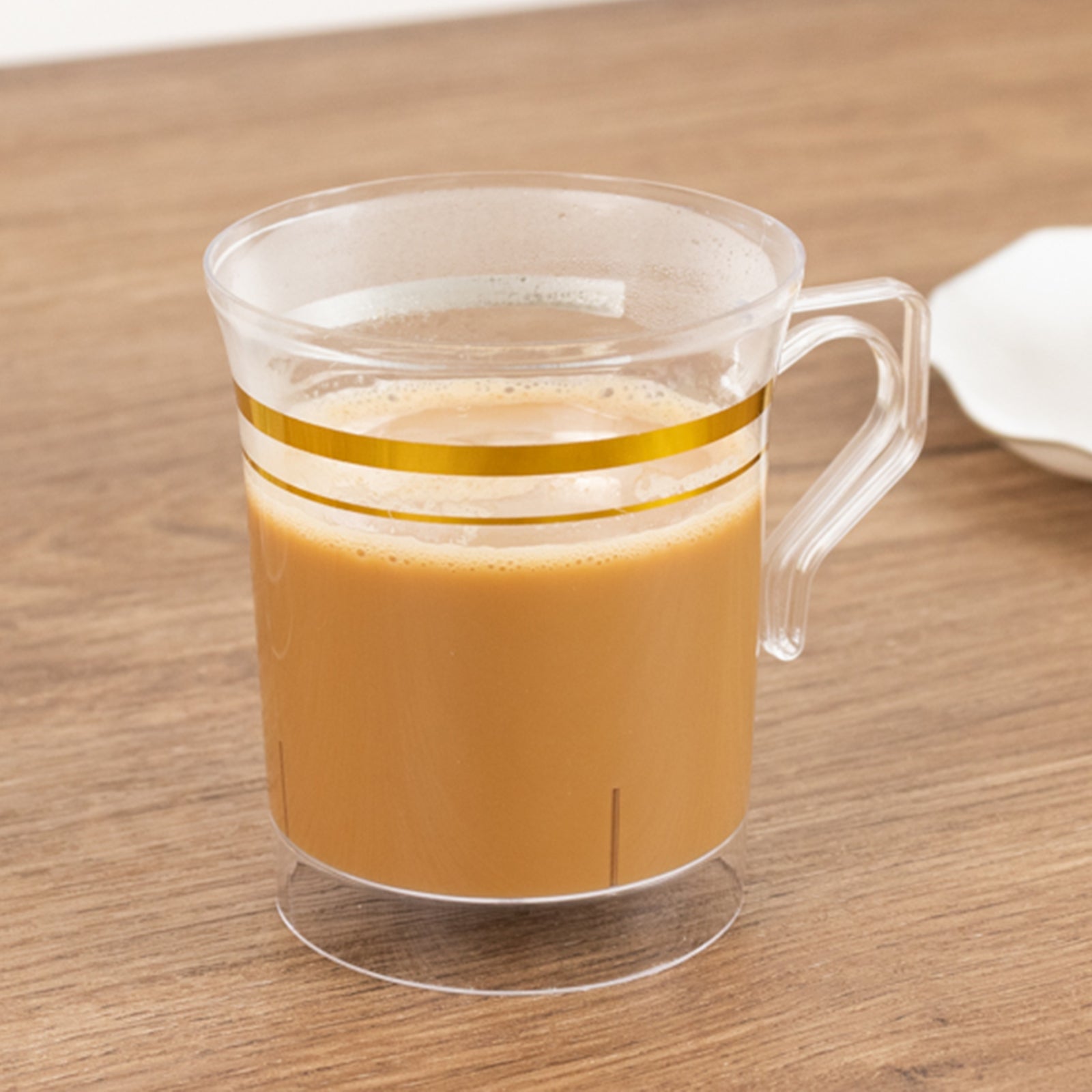 8-Pack Plastic Coffee Mugs Clear with Gold Stripes - Sturdy Disposable Cups for Coffee and Tea 8oz 3.5"
