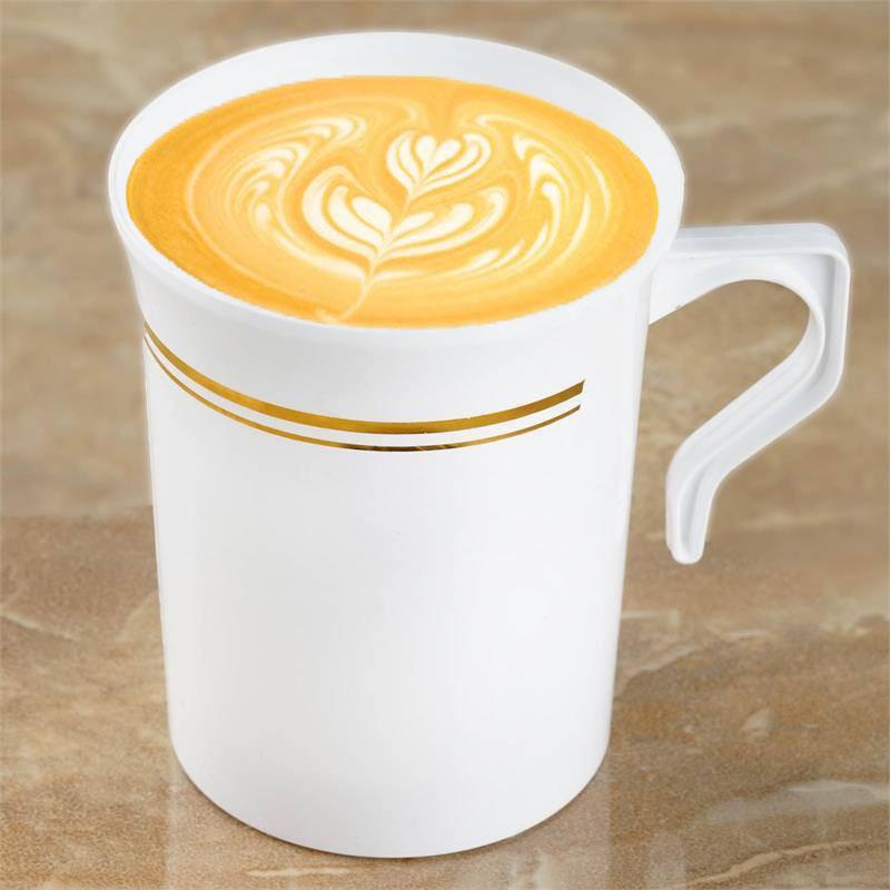 8-Pack Plastic Coffee Mugs White with Gold Stripes - Sturdy Disposable Cups for Coffee and Tea 8oz 3.5"