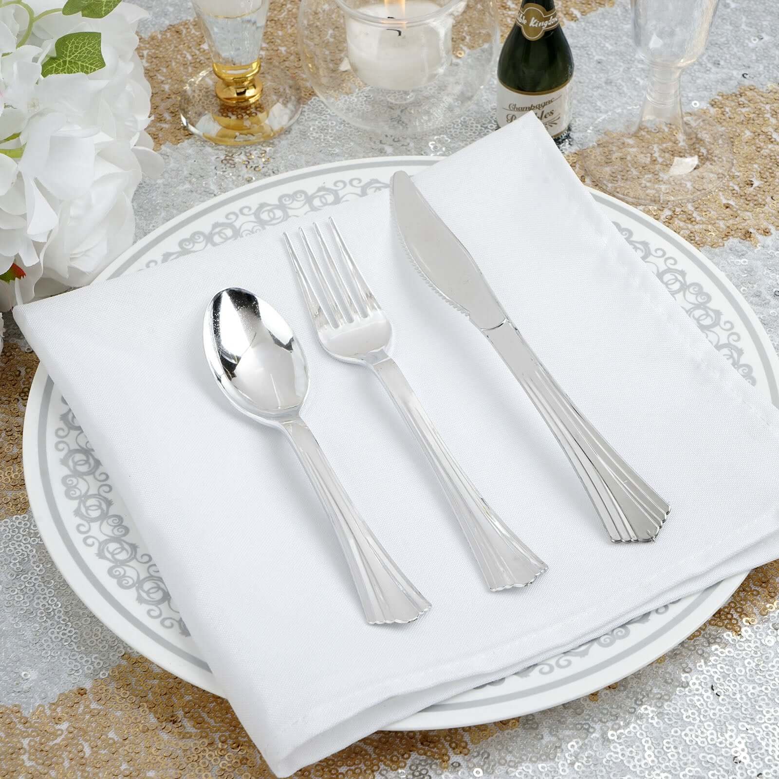 24-Pack Plastic Utensil Set Silver Heavy Duty with Fluted Handles - Durable Disposable Silverware 6", 7"