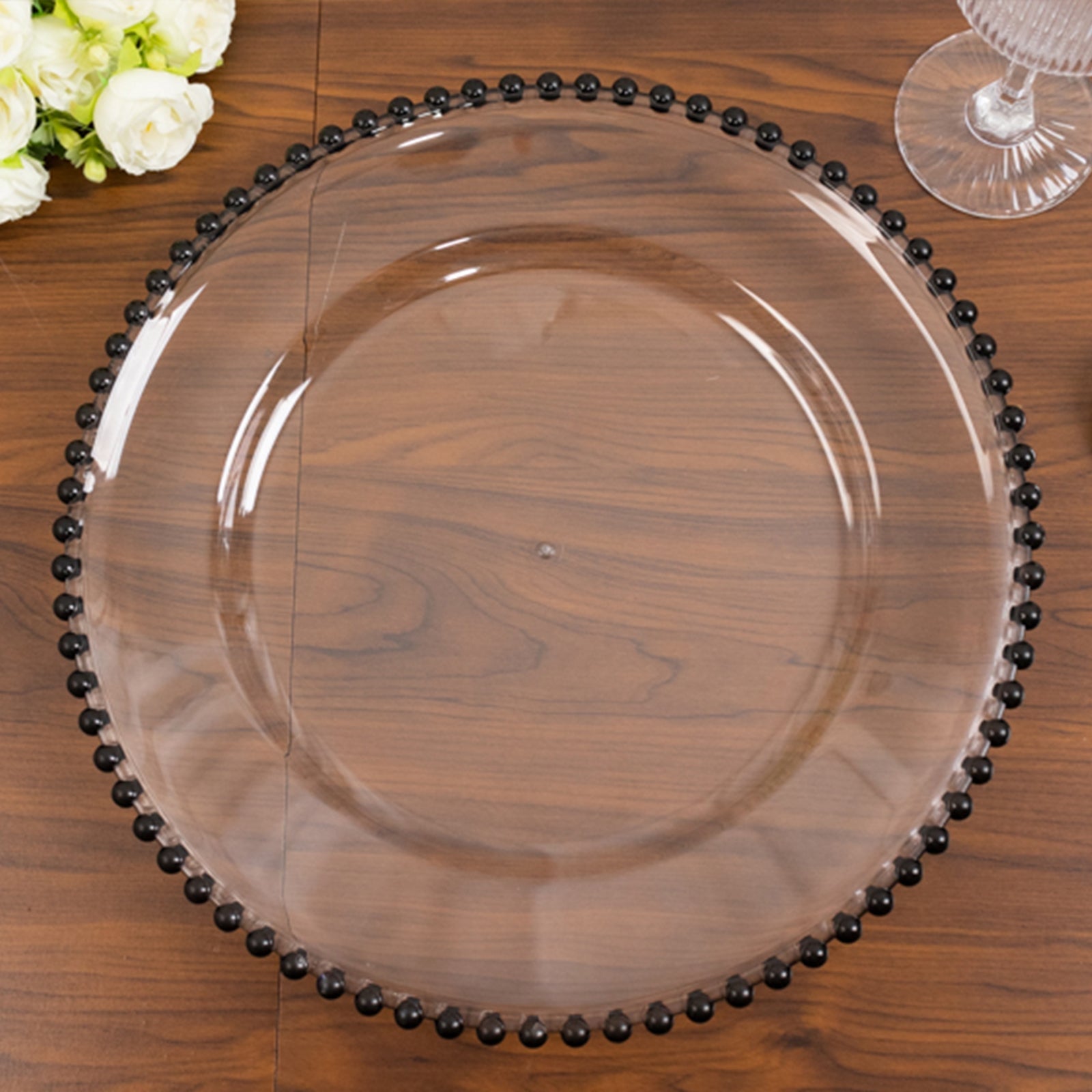 6-Pack Acrylic Round Charger Plates 13" in Clear with Black Beaded Rim, Decorative Dinner Party Charger Tableware