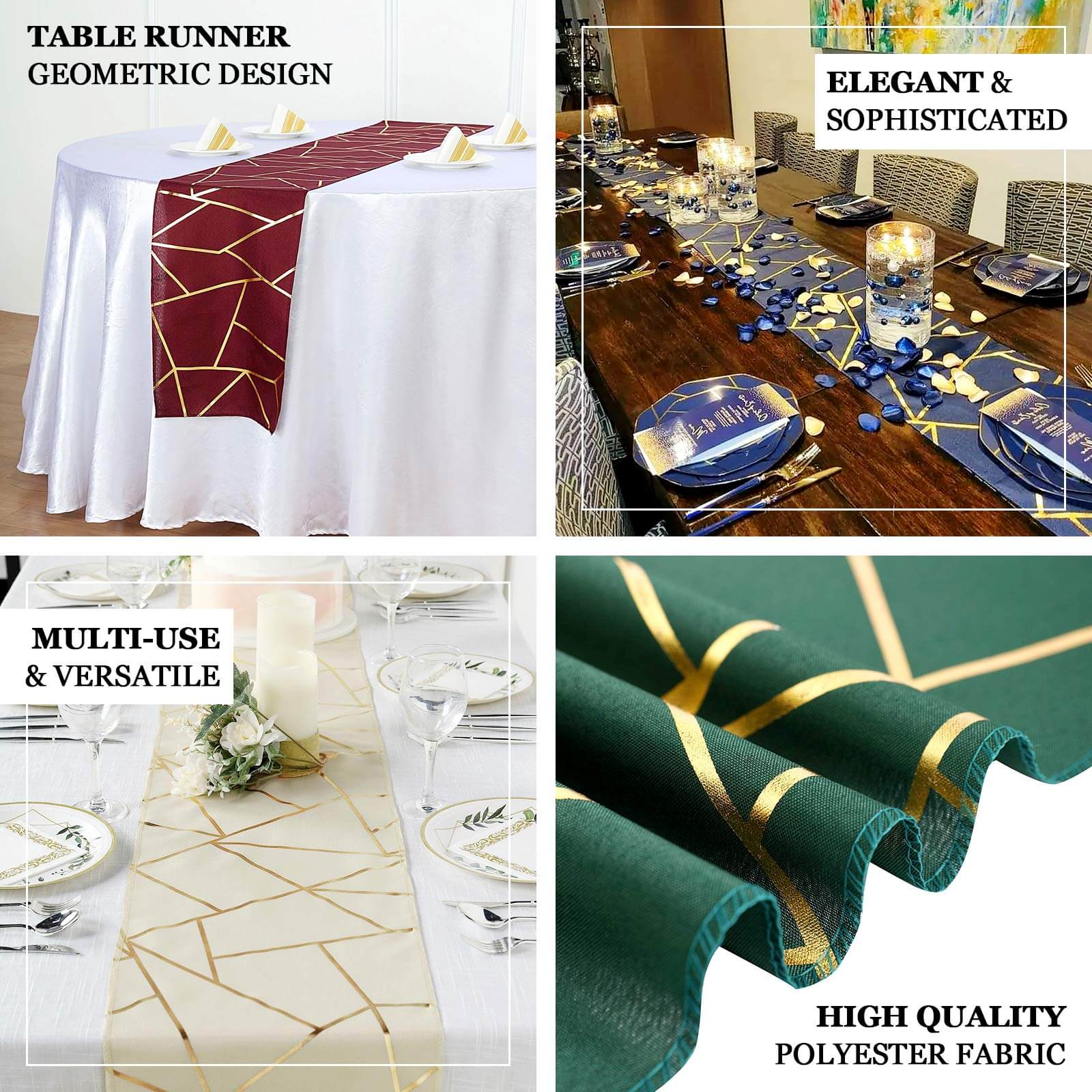 Polyester 9ft Table Runner Sage Green with Gold Foil Modern Geometric Accent