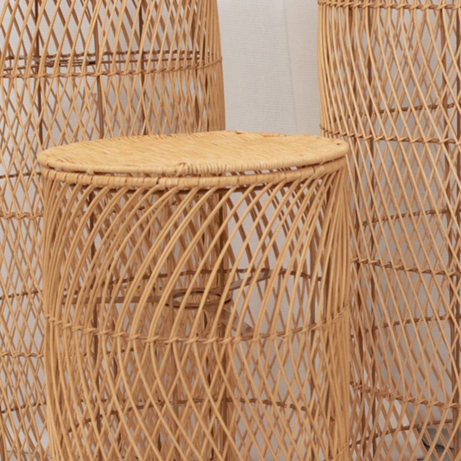 Set of 3 Natural Woven Rattan Wicker Pedestal Stand Floor Lamp Shades with Wave Pattern, Rustic Farmhouse Cylinder Display Stands With Plug In Light Cord - 19",27",33"