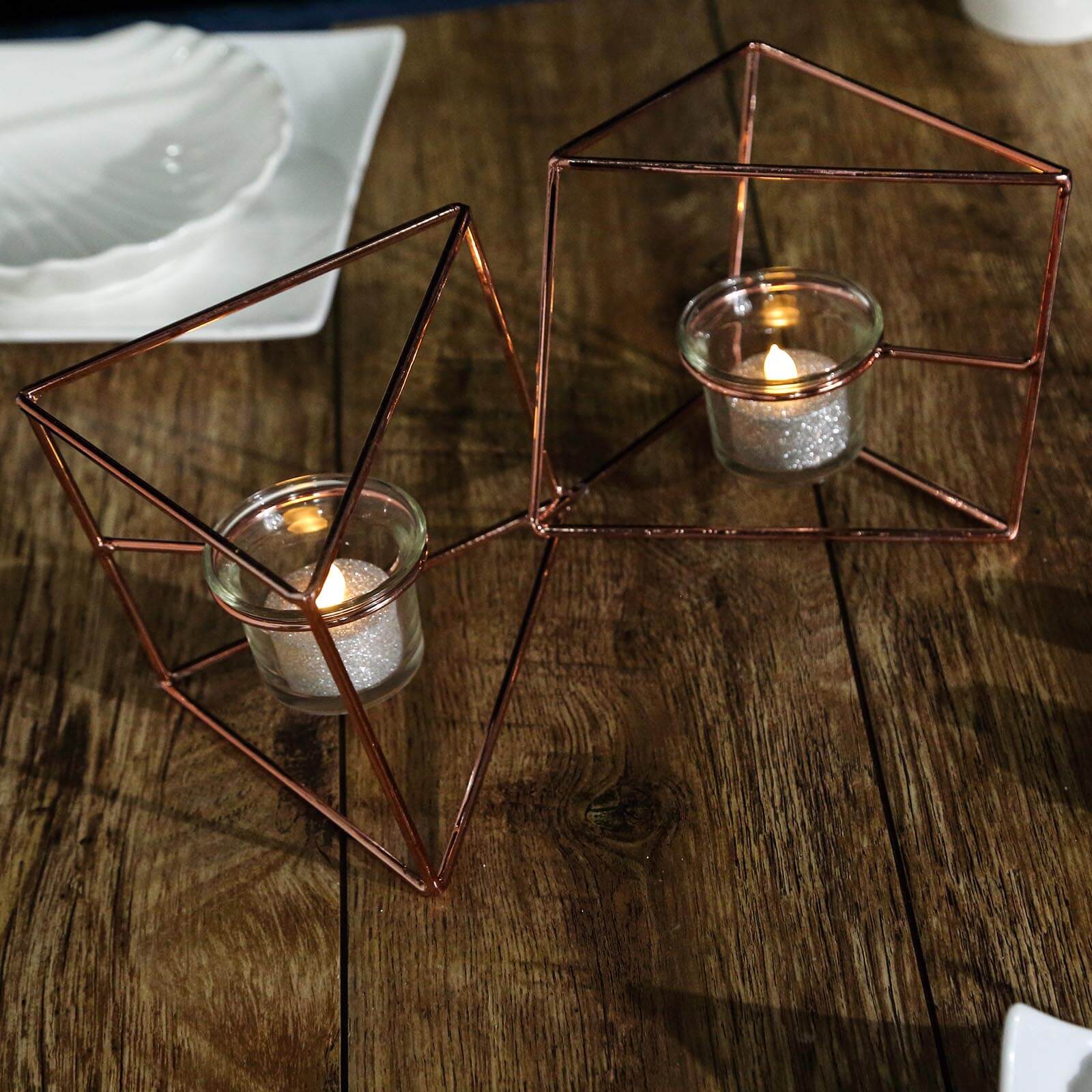 Set of Metal Candle Holders Linked Geometric Design Rose Gold - Chic Votive Glass Decor for Events & Gatherings 9"