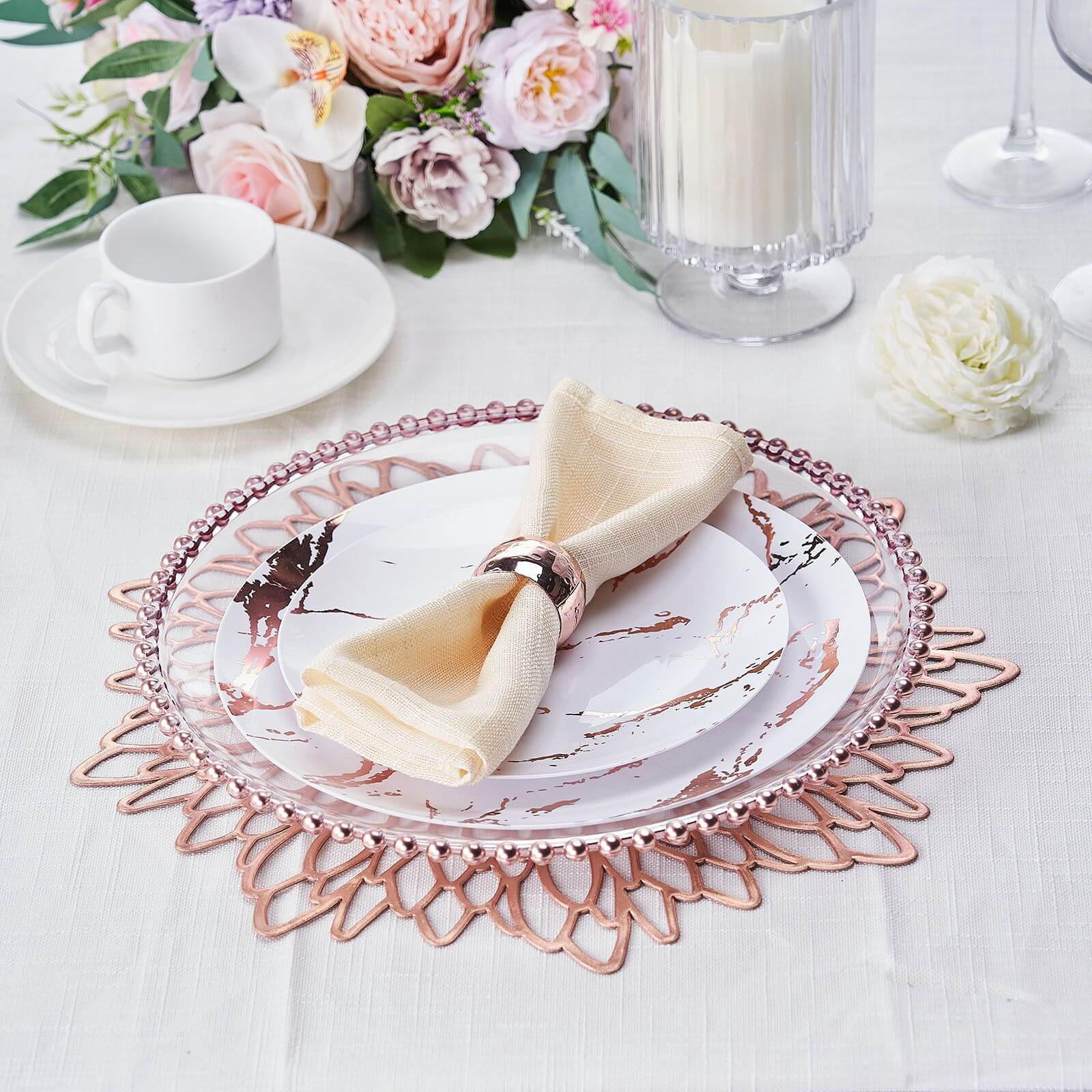 6-Pack Dining Table Mats Floral Design Rose Gold - Metallic Vinyl Round Non-Slip Mats for Tables 15"
