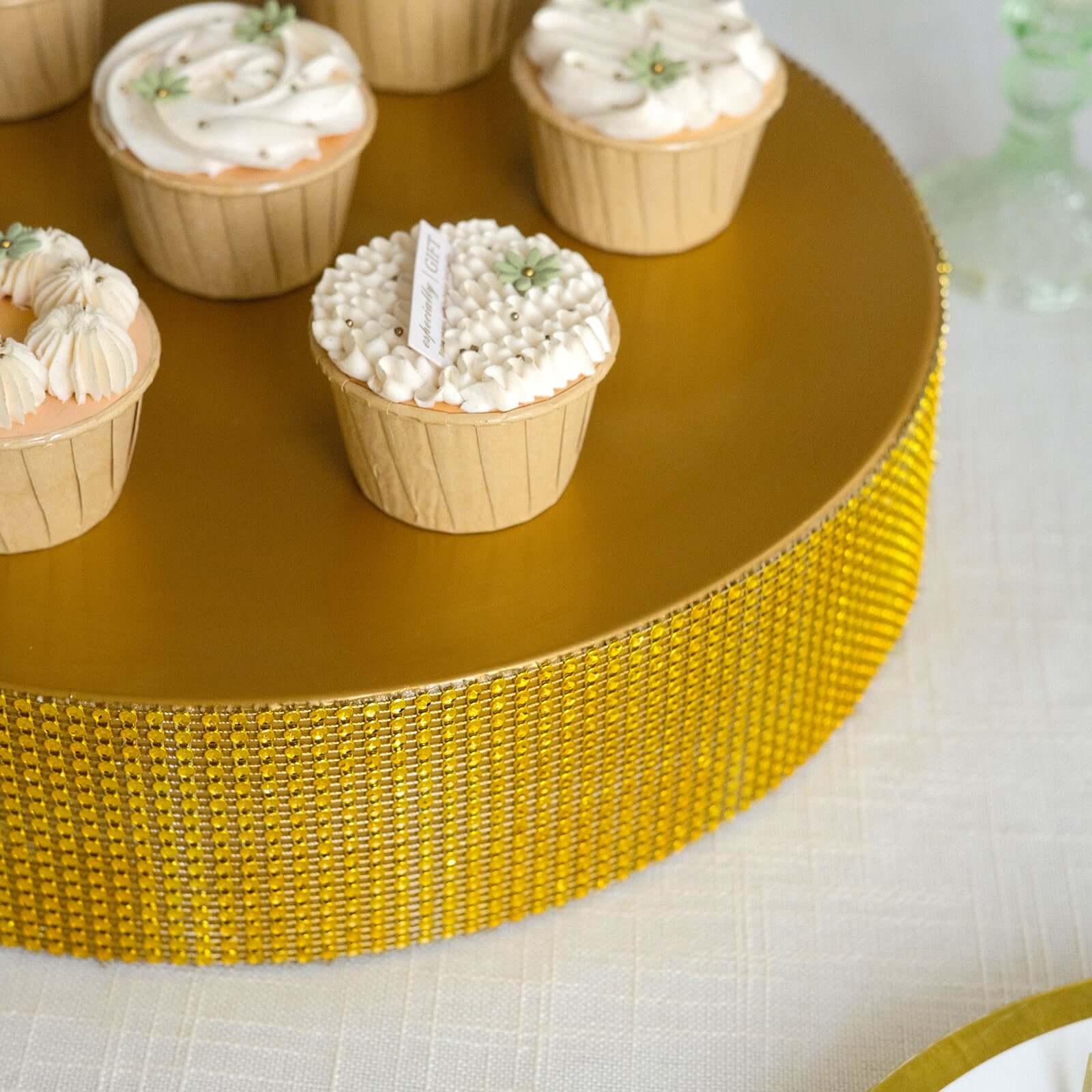 Metal Pedestal Cake Stand Round Design with Rhinestones Gold - Cupcake Holder and Dessert Table Centerpiece 14"